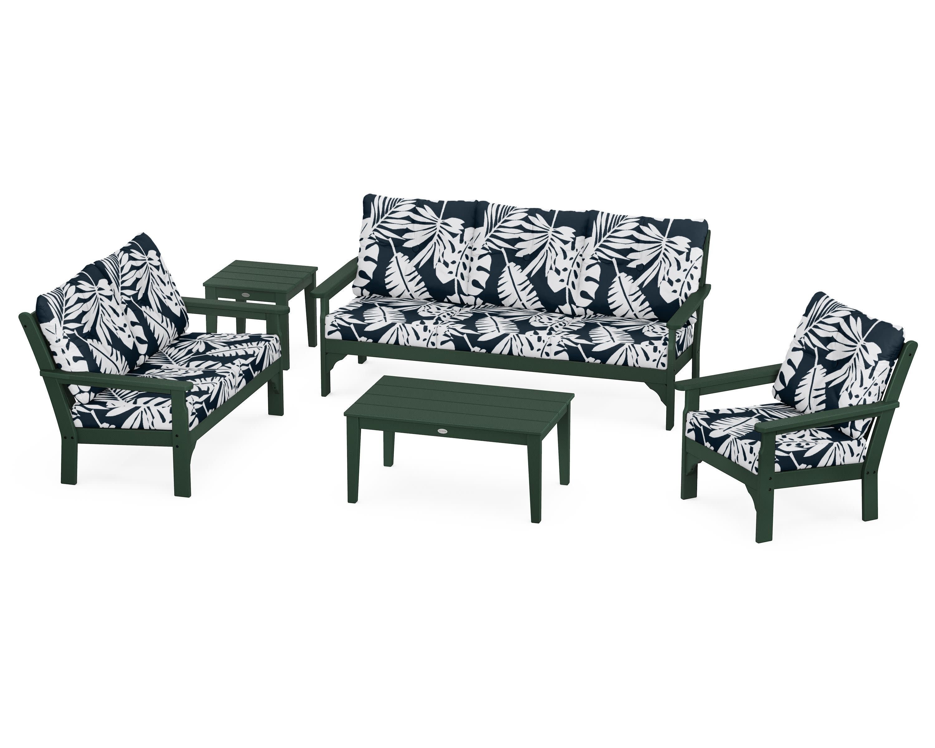 Vineyard 5 Piece Deep Seating Set in Green / Leaf Marine Indigo