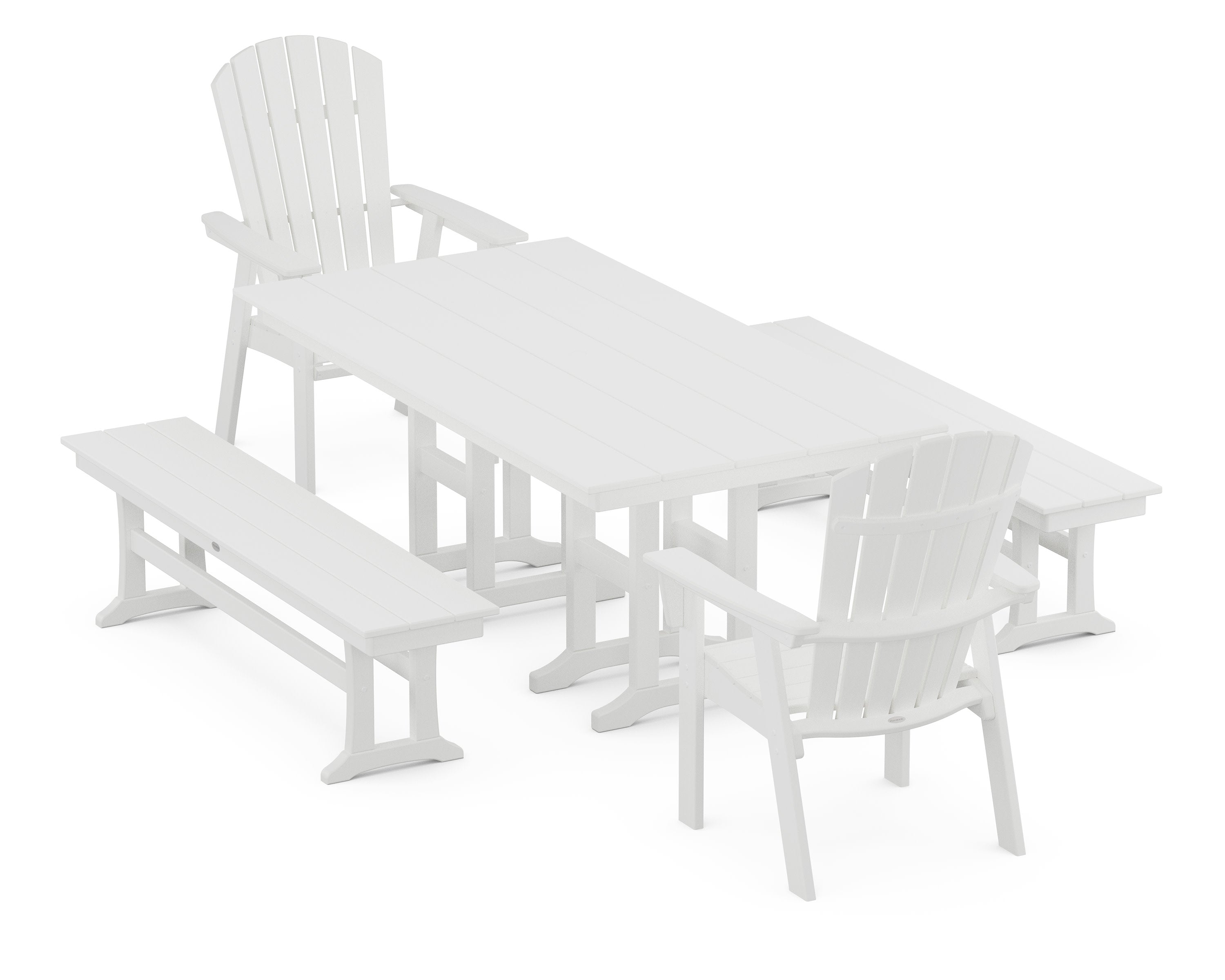Nautical Curveback Adirondack 5-Piece Farmhouse Dining Set with Benches in White