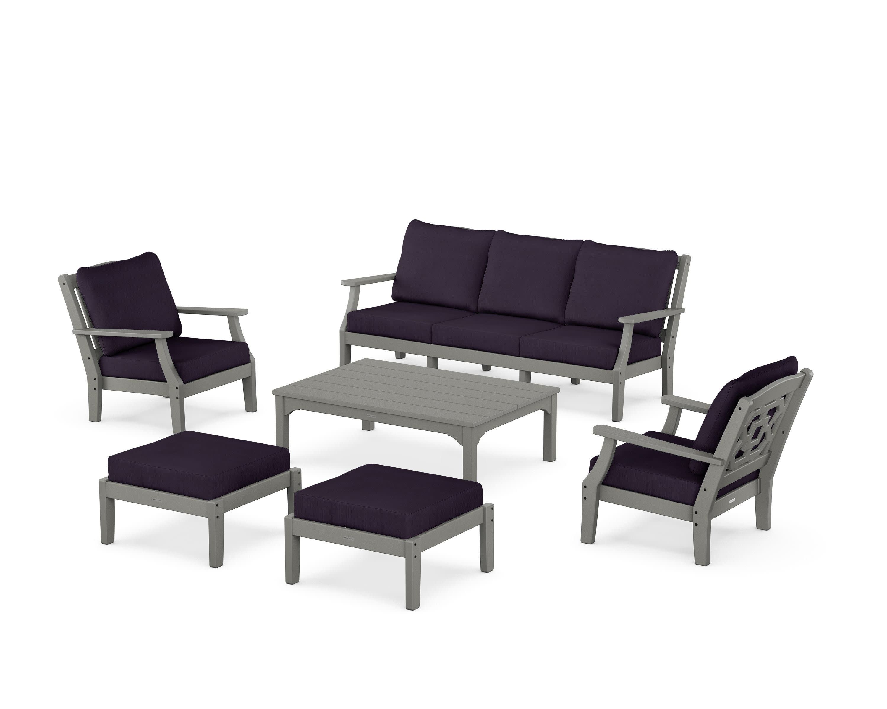 Chinoiserie 6-Piece Lounge Sofa Set in Slate Grey / Navy Linen