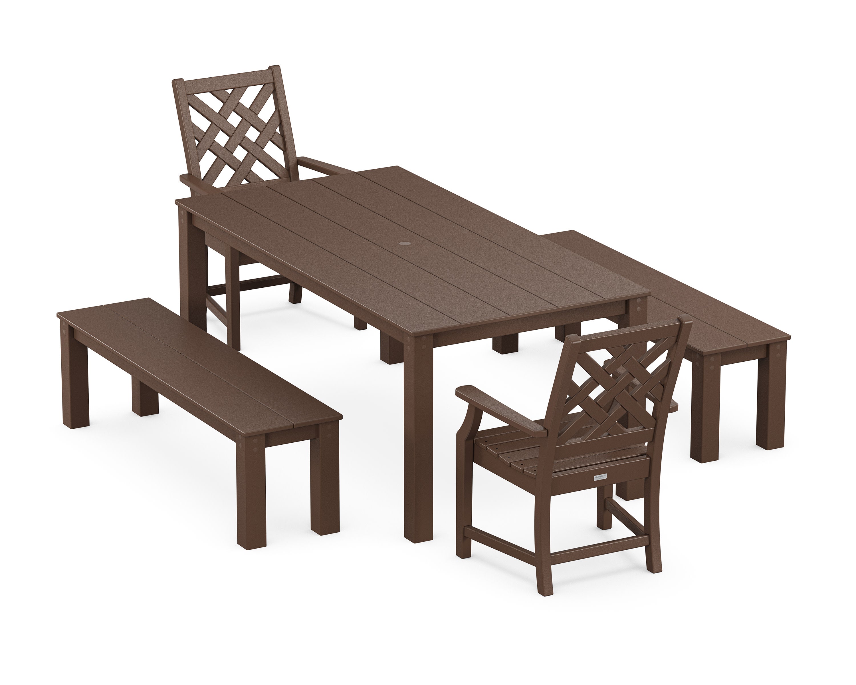 Wovendale 5-Piece Parsons Dining Set with Benches in Mahogany