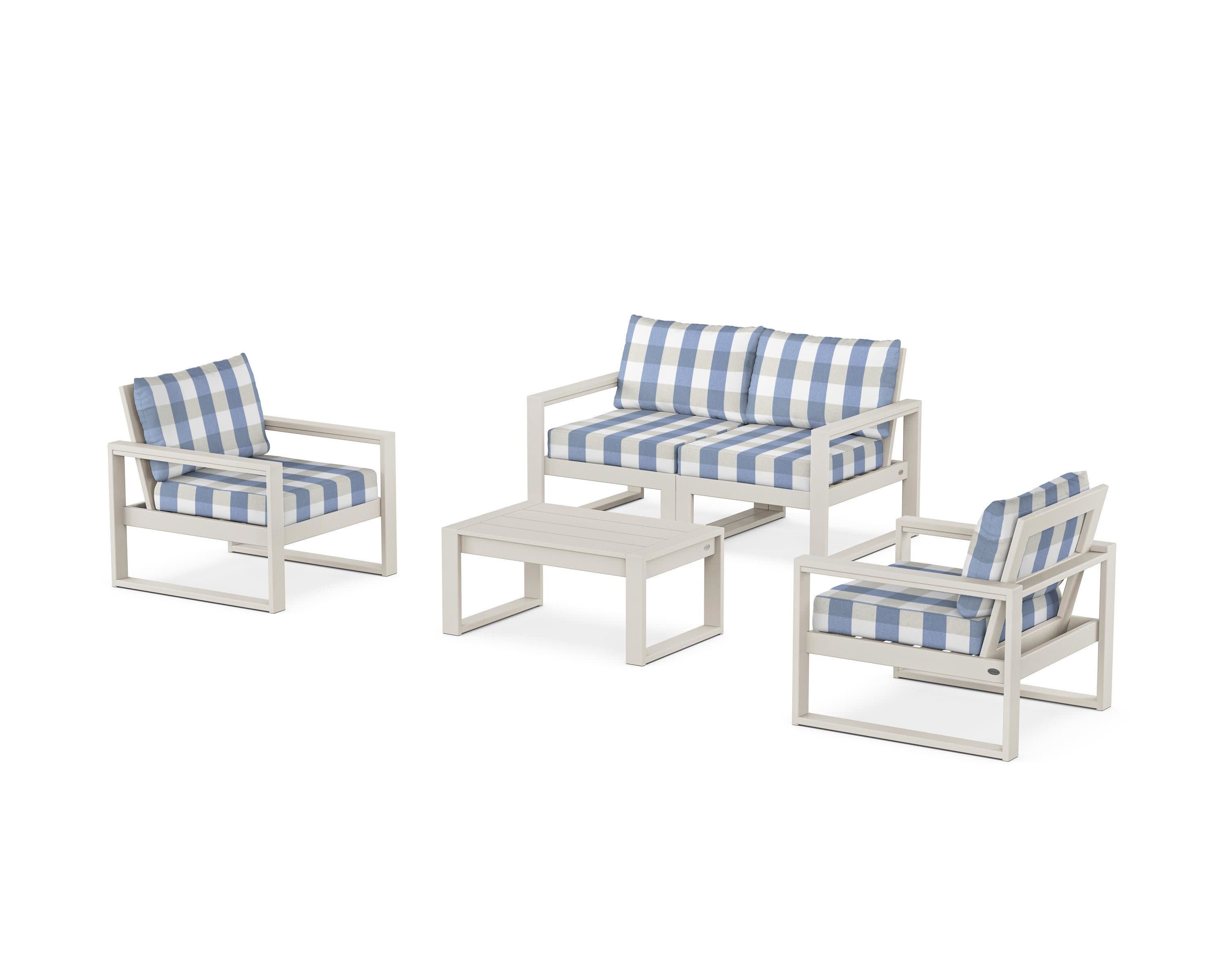 EDGE Sectional 4-Piece Deep Seating Set with Loveseat in Sand / Buffalo Plaid Sky Blue