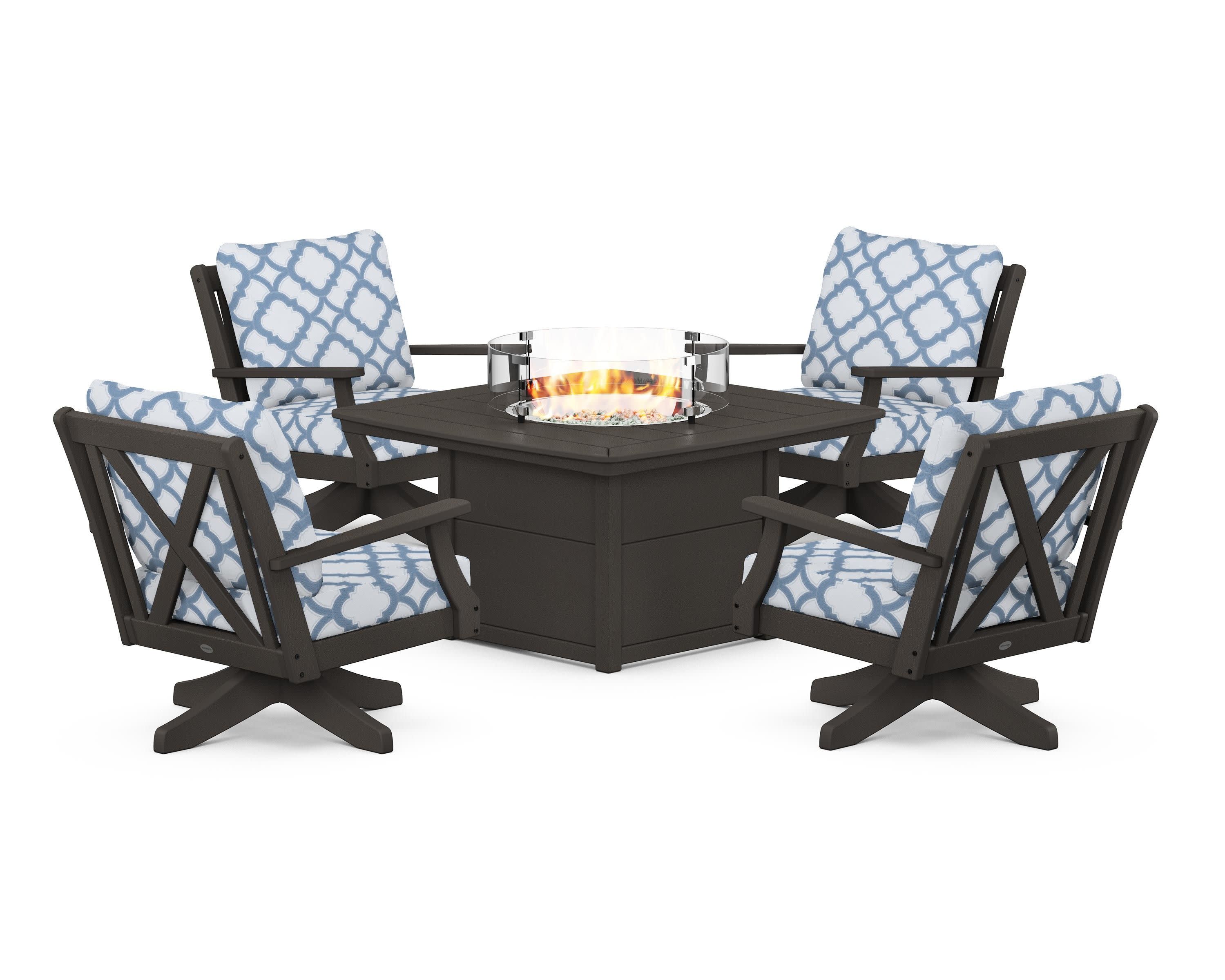 Braxton 5-Piece Deep Seating Swivel Conversation Set with Fire Pit Table in Vintage Coffee / Trellis Sky Blue