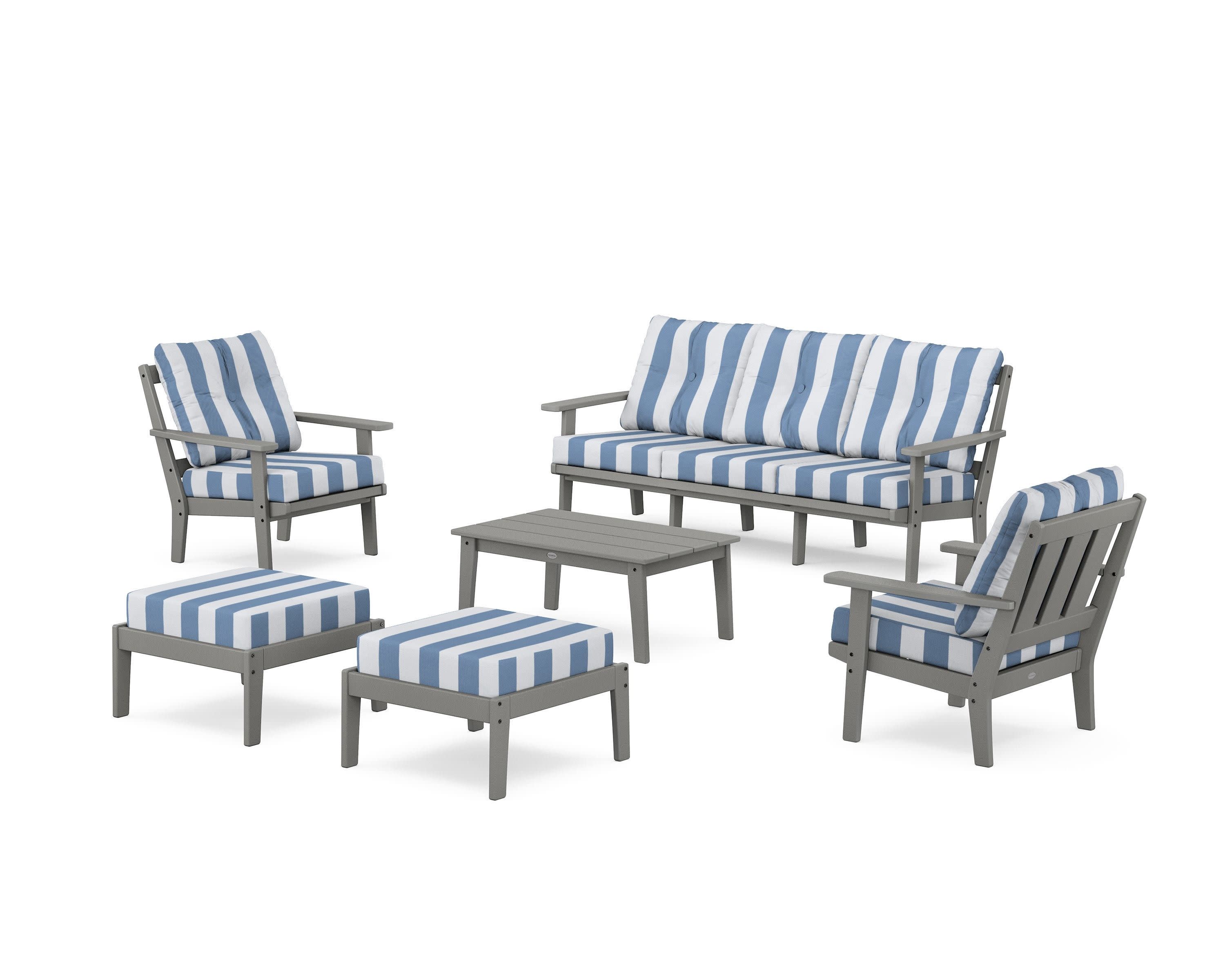 Oxford 6-Piece Lounge Sofa Set in Slate Grey / Cabana Stripe Sky Blue