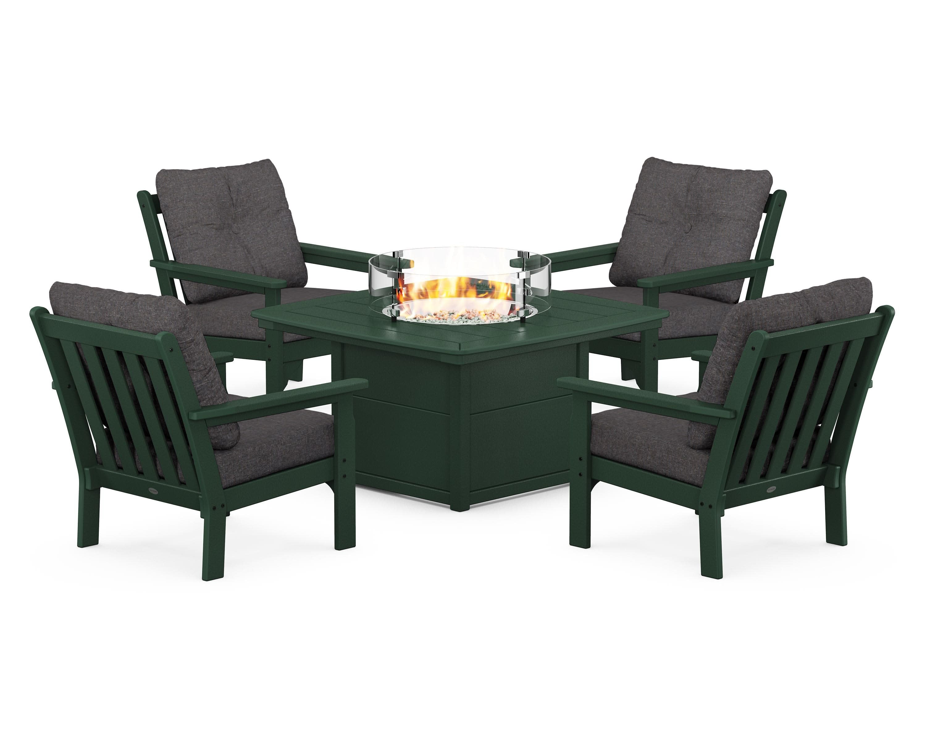 Vineyard 5-Piece Conversation Set with Fire Pit Table in Green / Ash Charcoal