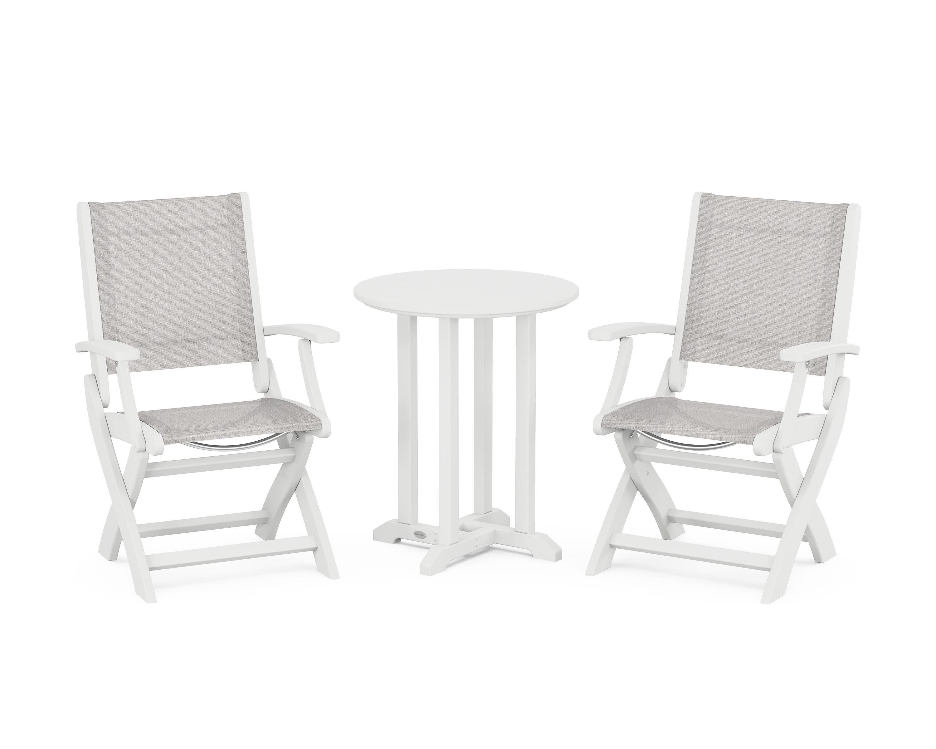 Coastal Folding 3-Piece Round Bistro Dining Set in White / Parchment Sling