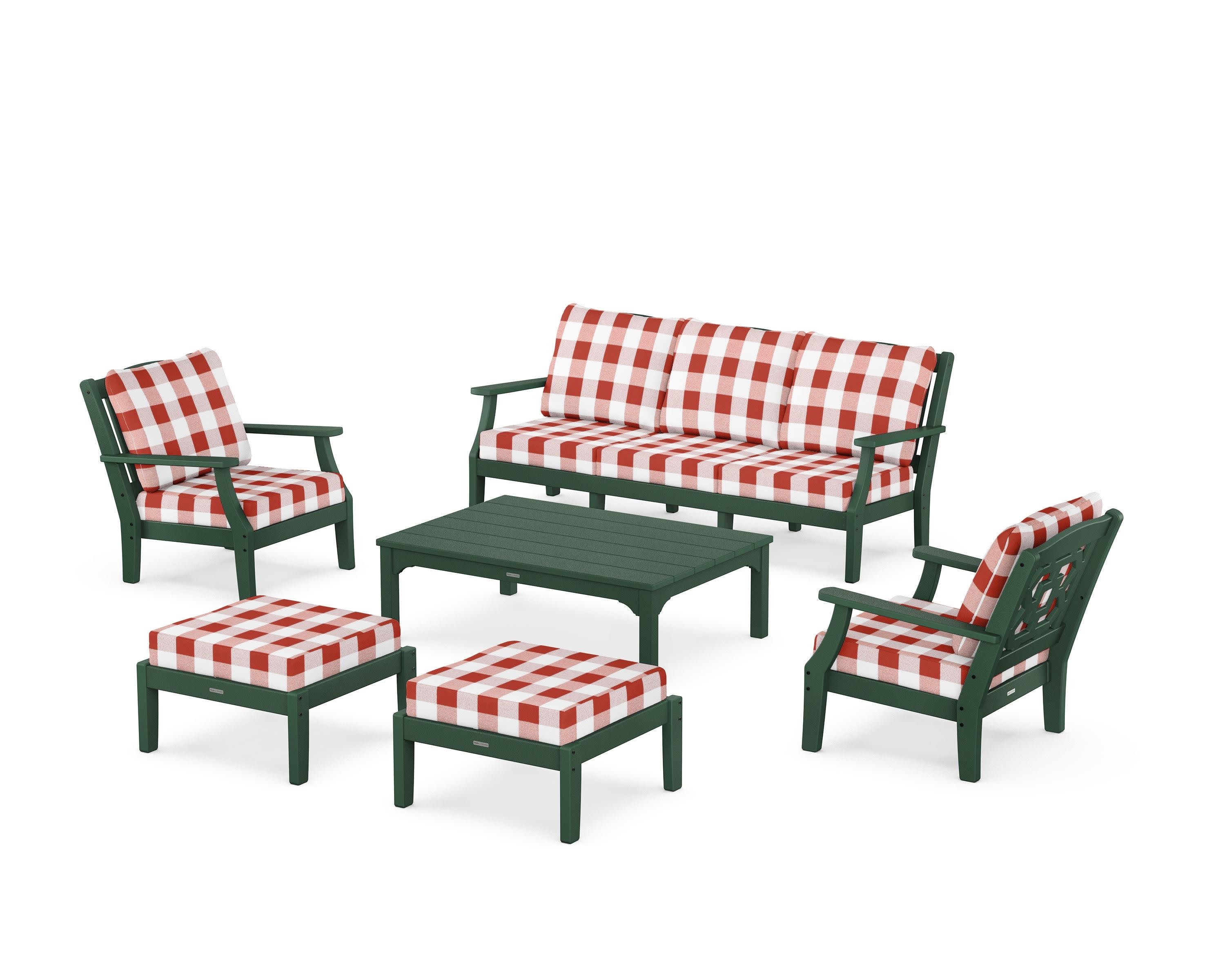 Chinoiserie 6-Piece Lounge Sofa Set in Green / Buffalo Plaid Crimson
