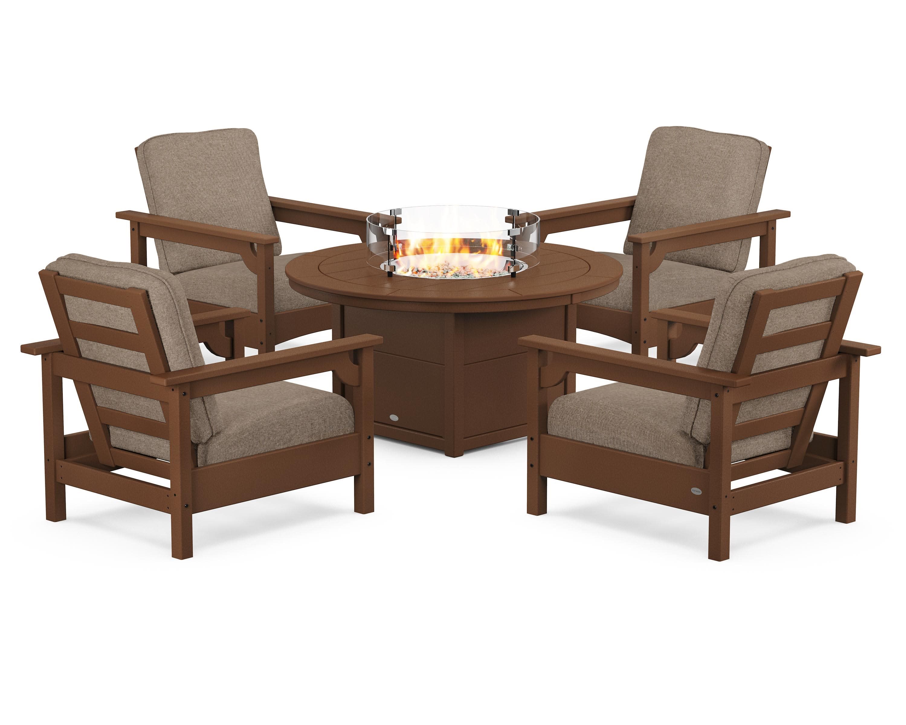 Club 5-Piece Conversation Set with Fire Pit Table in Teak / Spiced Burlap