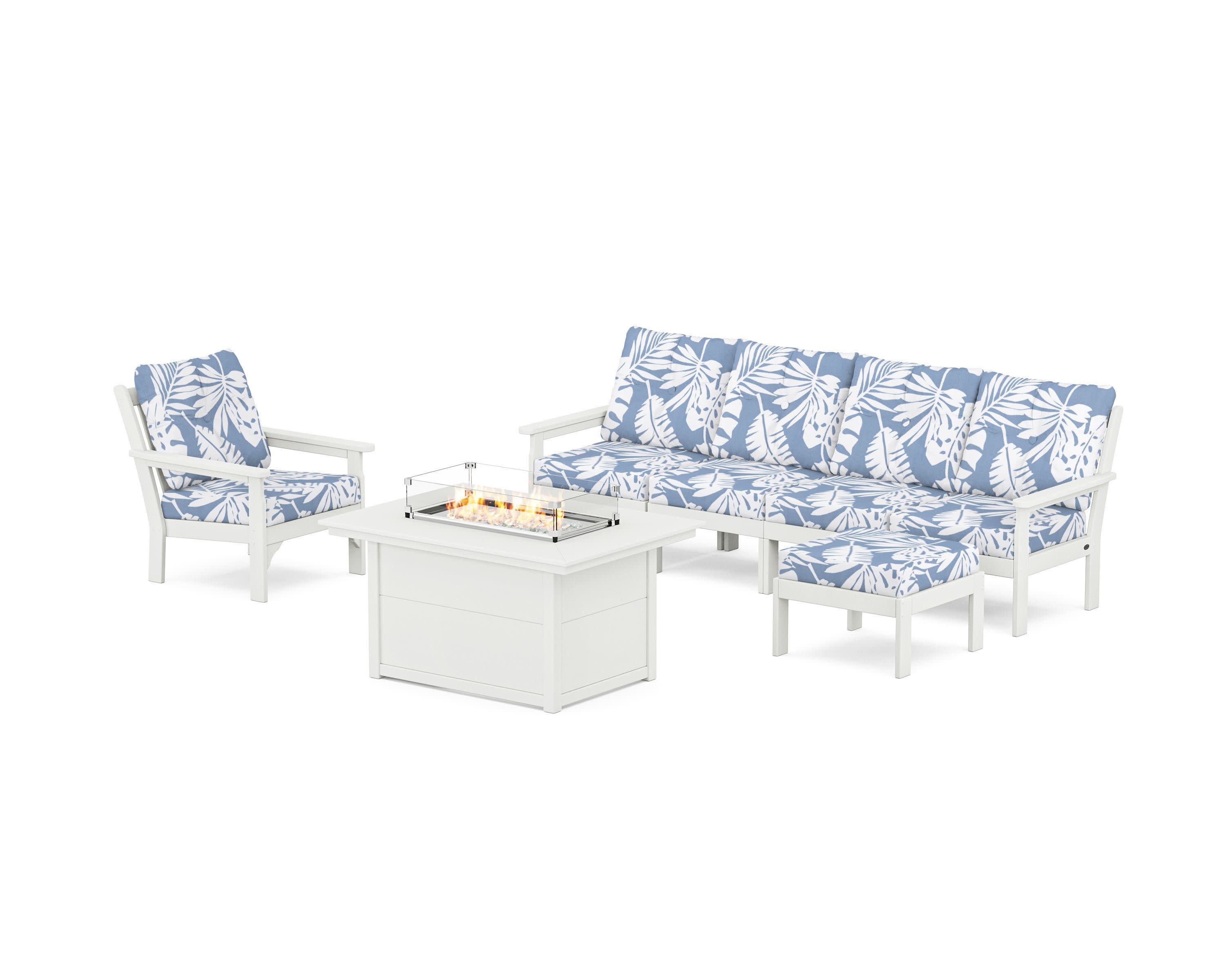 Vineyard Sectional Lounge and Fire Pit Set in Vintage White / Leaf Sky Blue