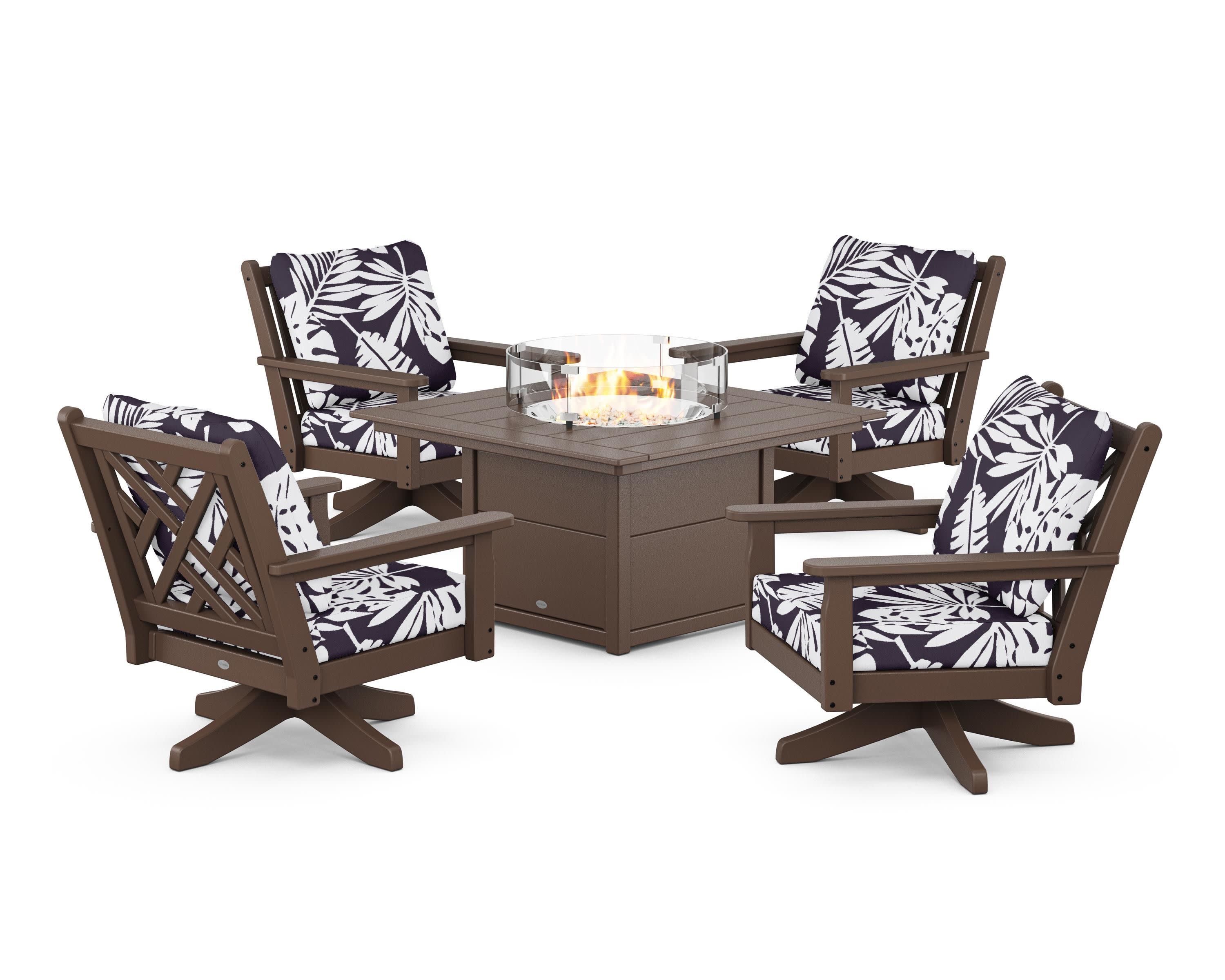 Chippendale 5-Piece Deep Seating Swivel Conversation Set with Fire Pit Table in Mahogany / Leaf Navy