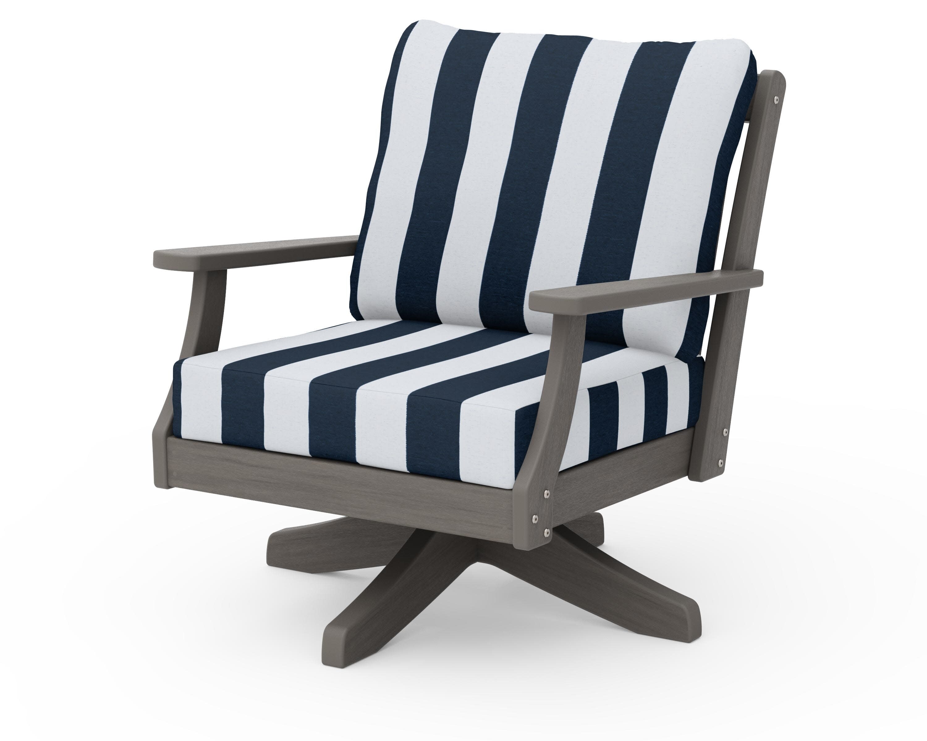 Braxton Deep Seating Swivel Chair in Driftwood / Cabana Stripe Marine Indigo