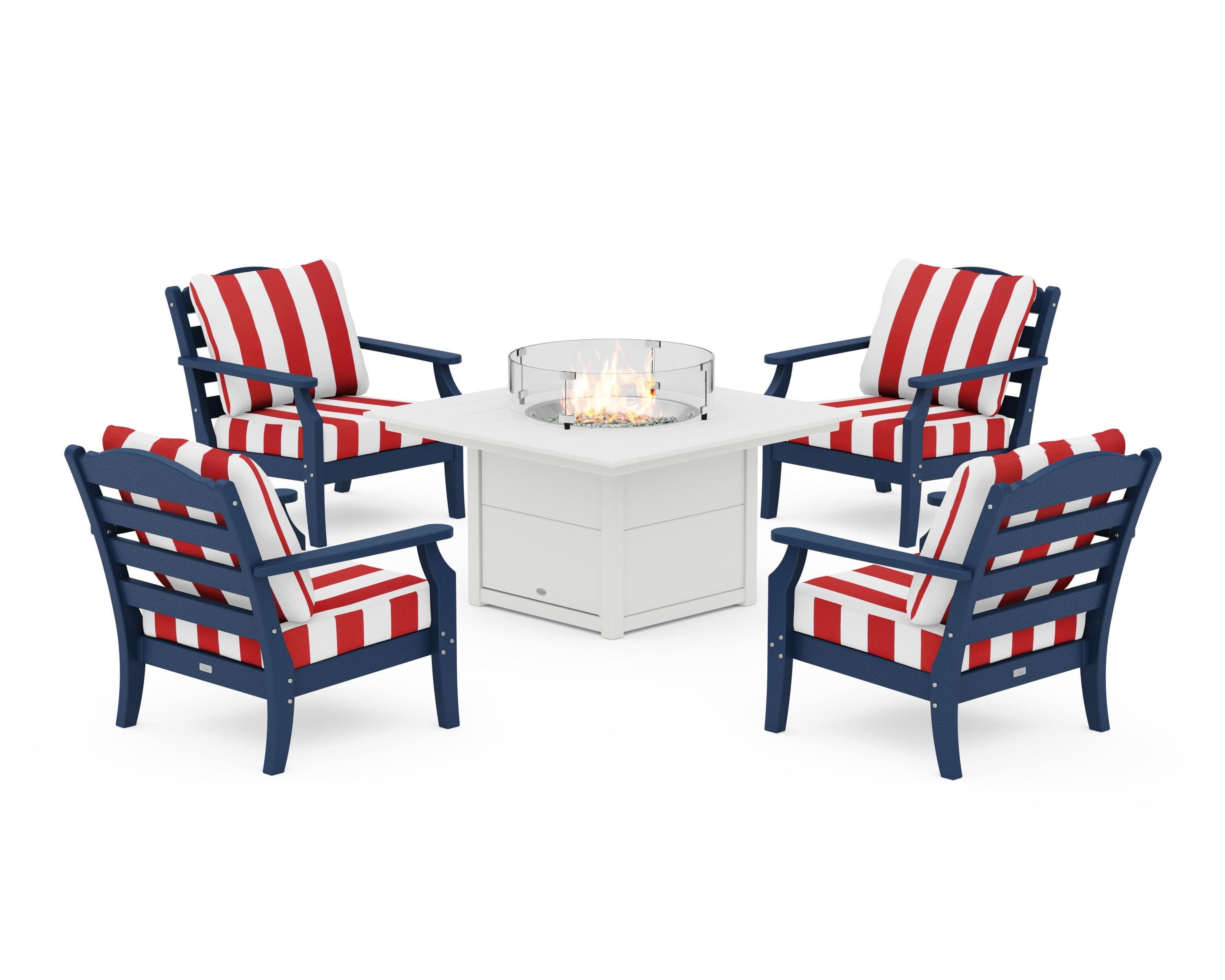 Savannah 5-Piece Deep Seating Set with Fire Pit Table in Navy / Cabana Stripe Crimson