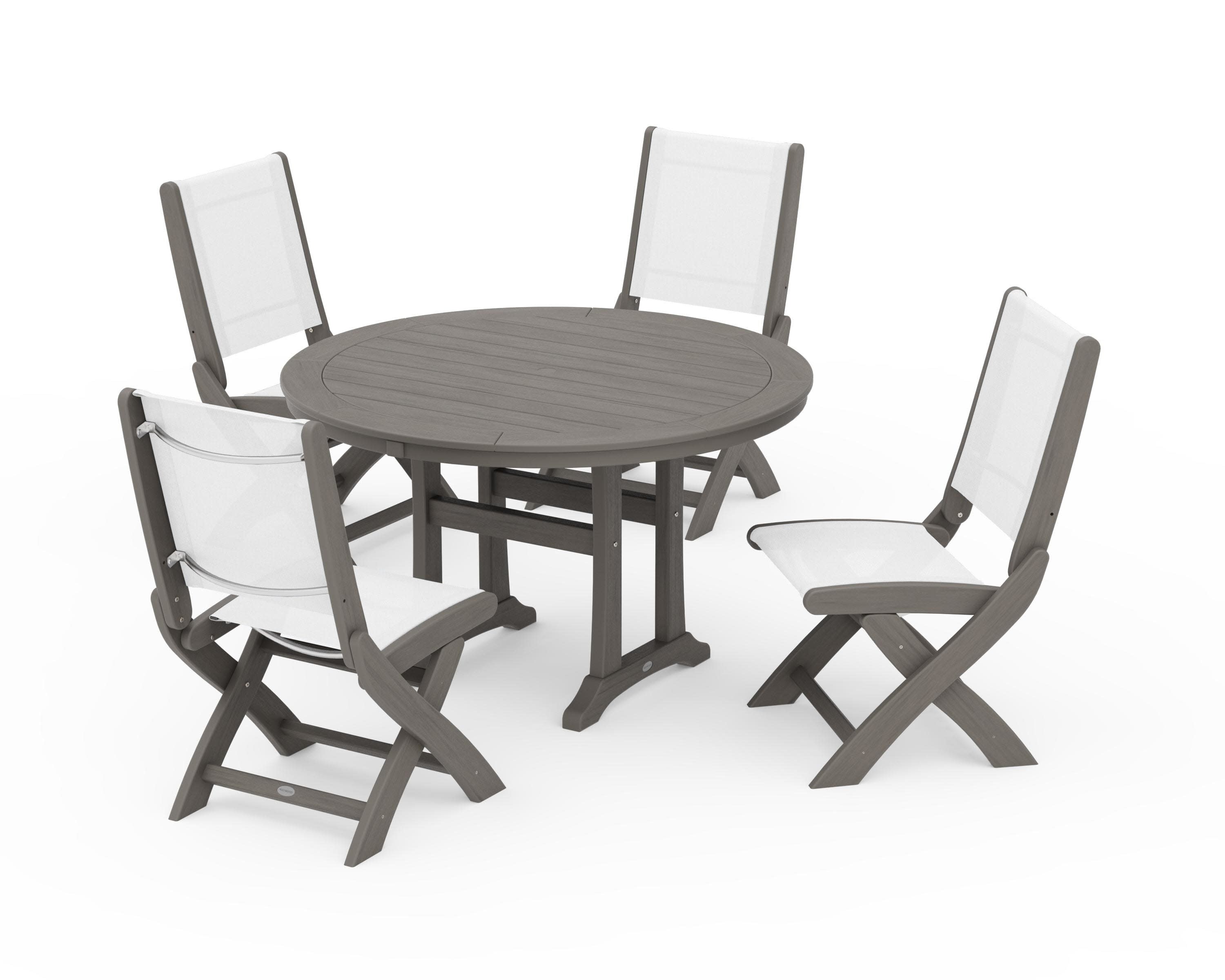 Coastal Folding Side Chair 5-Piece Round Dining Set With Trestle Legs in Driftwood / White Sling
