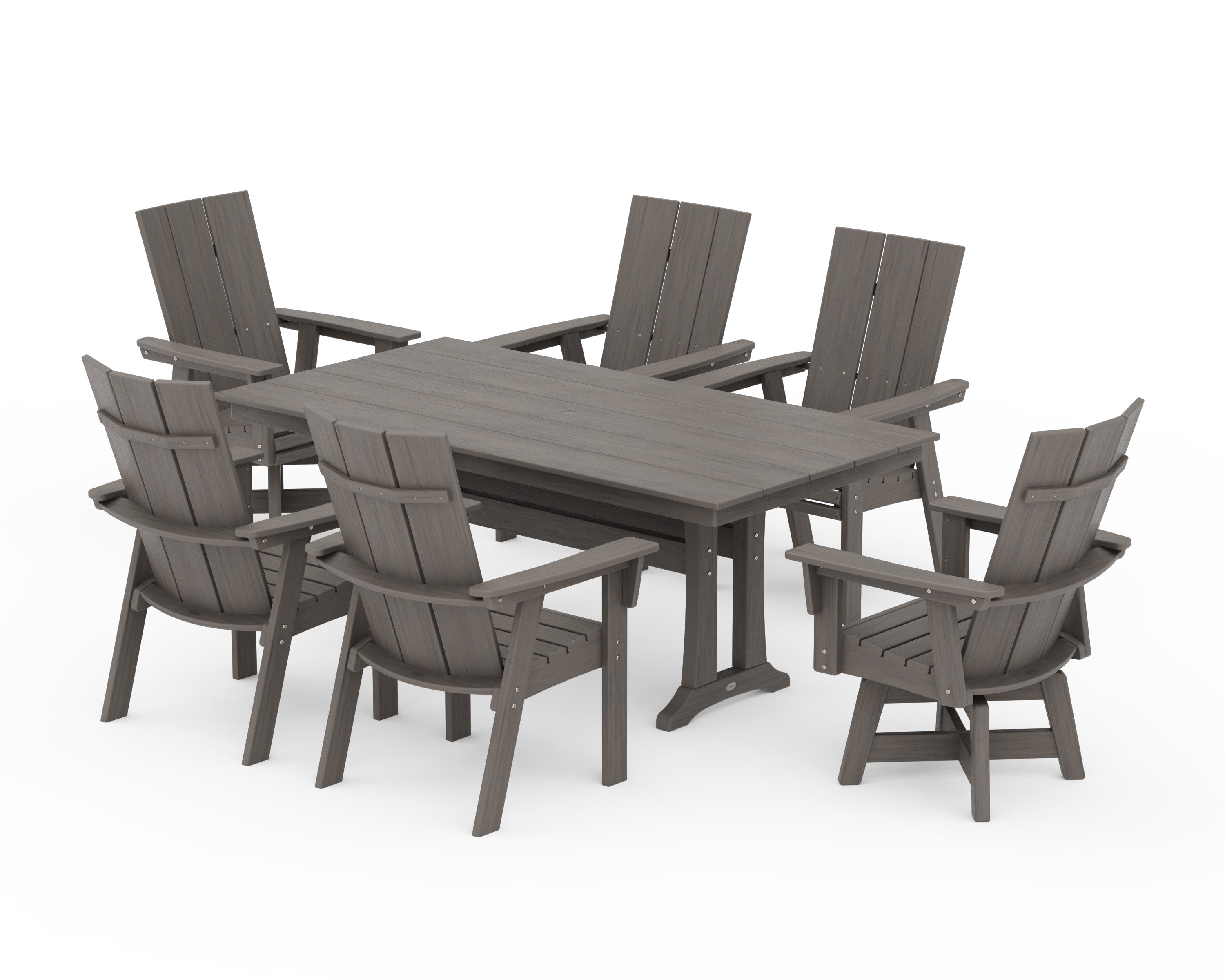 Modern Curveback Adirondack Swivel Chair 7-Piece Farmhouse Dining Set With Trestle Legs in Driftwood