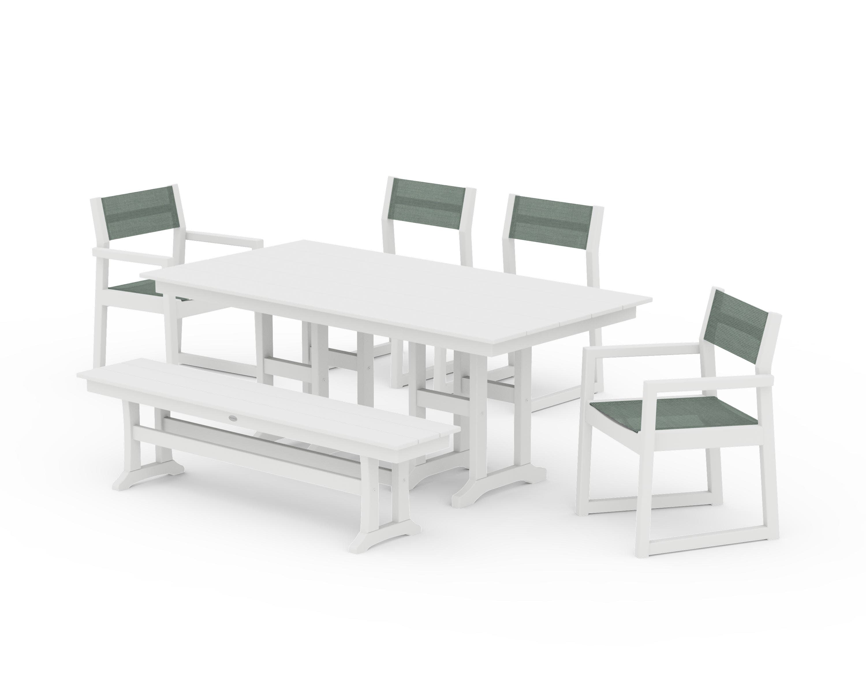 EDGE Sling 6-Piece Farmhouse Dining Set in White / Dupioni Sea Mist Sling