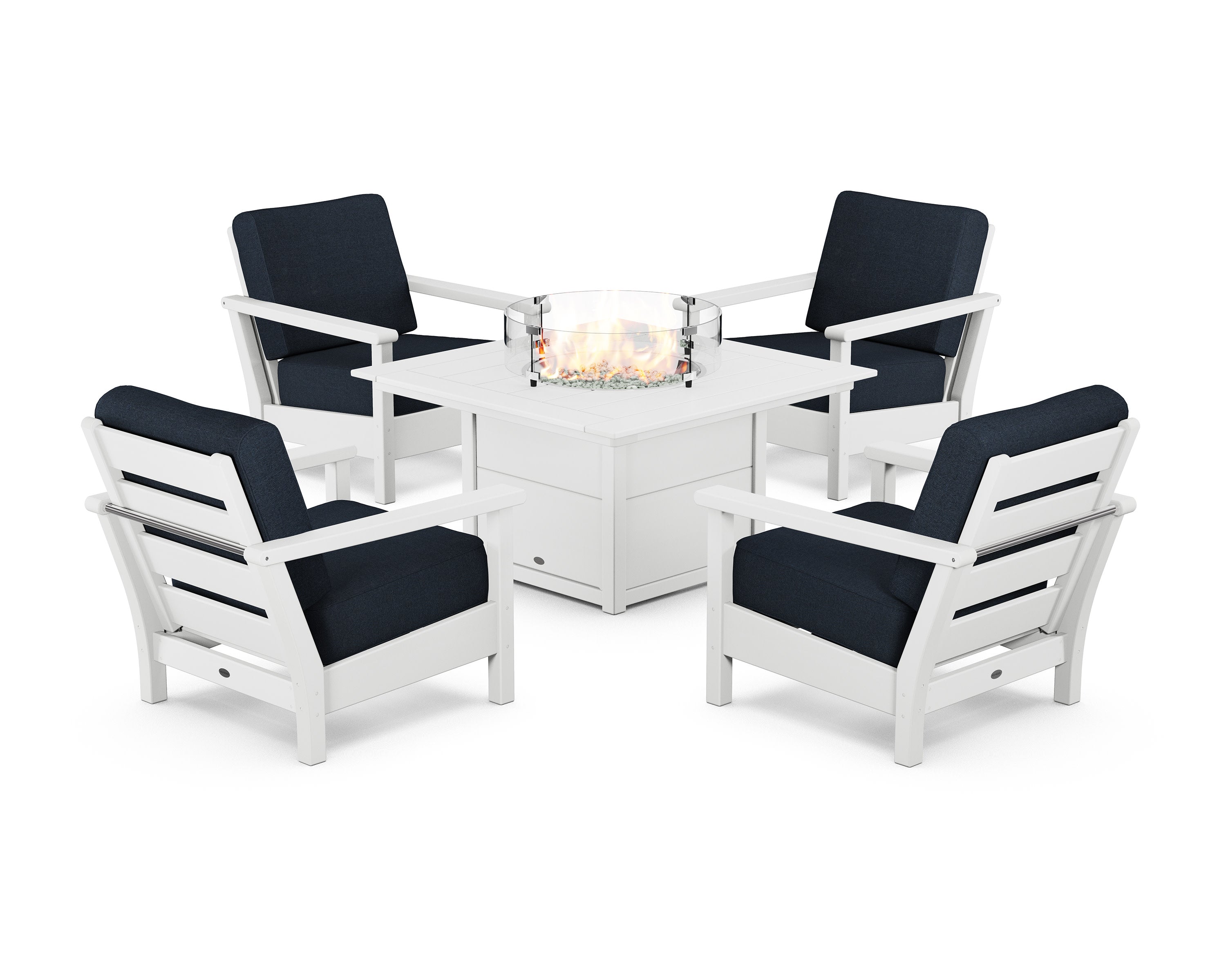 Harbour 5-Piece Conversation Set with Fire Pit Table in White / Marine Indigo