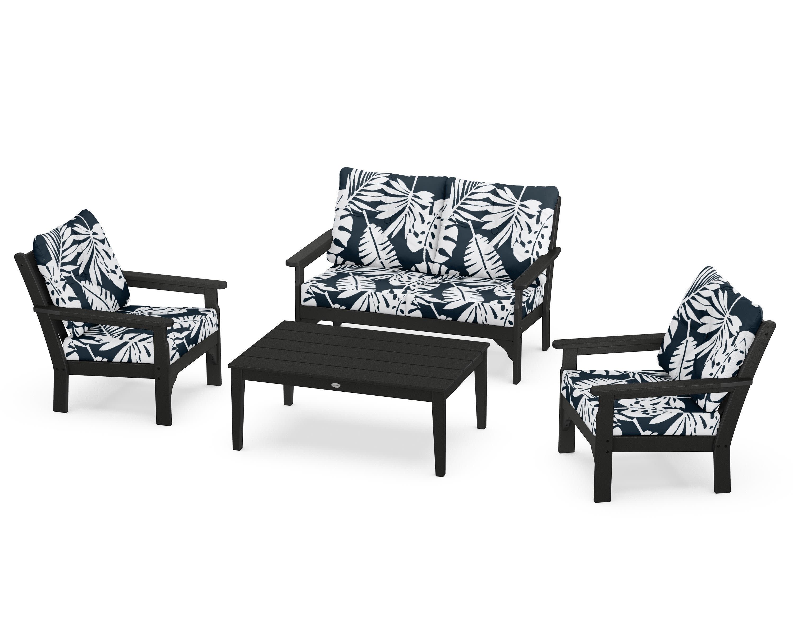 Vineyard 4-Piece Deep Seating Set in Black / Leaf Marine Indigo