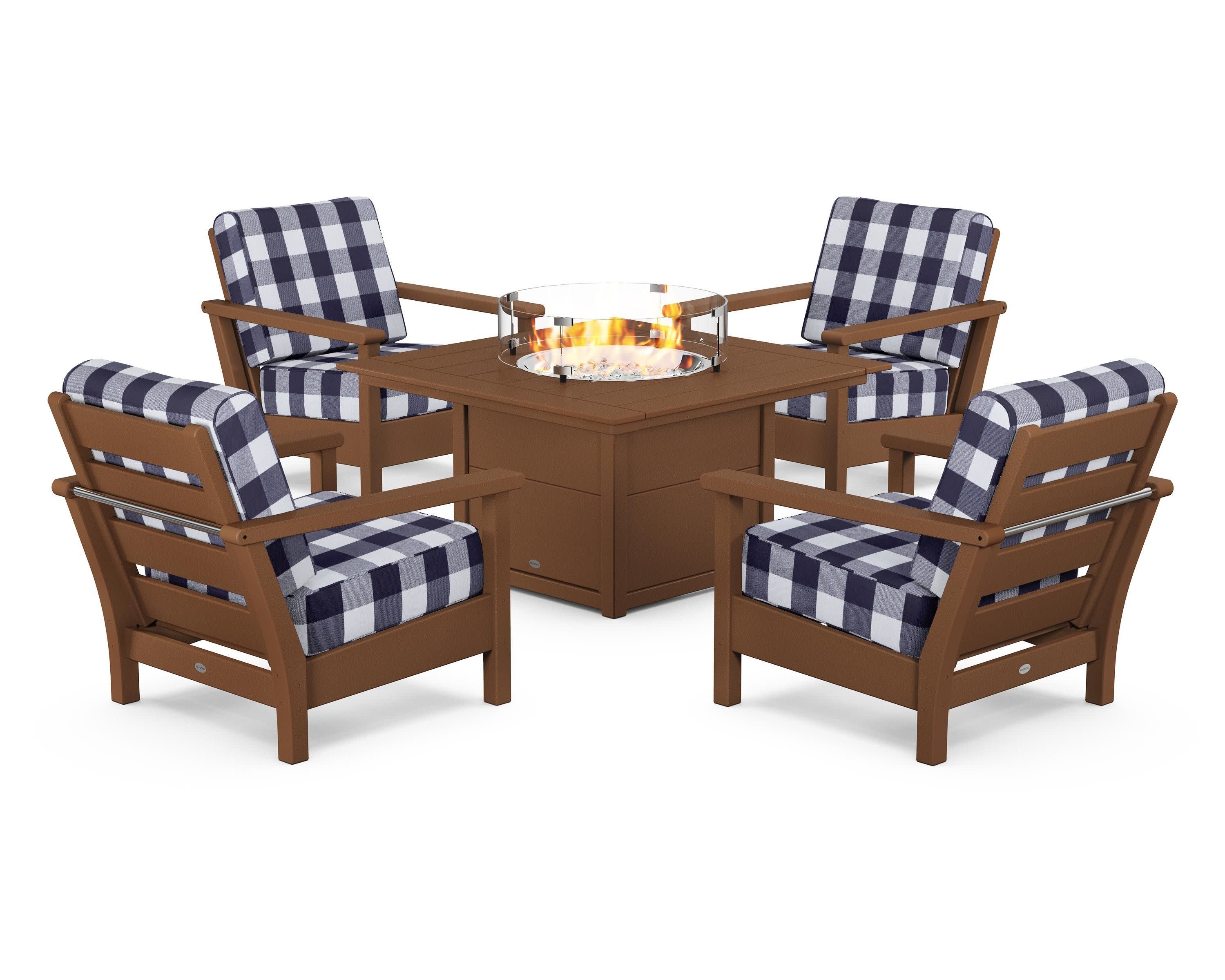 Harbour 5-Piece Conversation Set with Fire Pit Table in Teak / Buffalo Plaid Navy