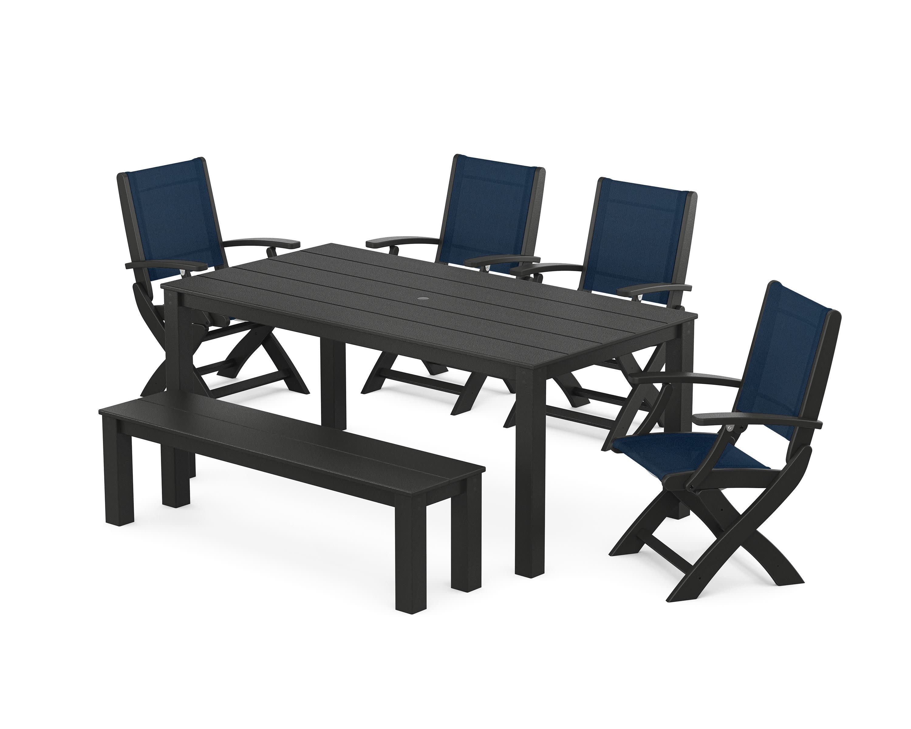Coastal Folding Chair 6-Piece Parsons Dining Set with Bench in Black / Navy Blue Sling