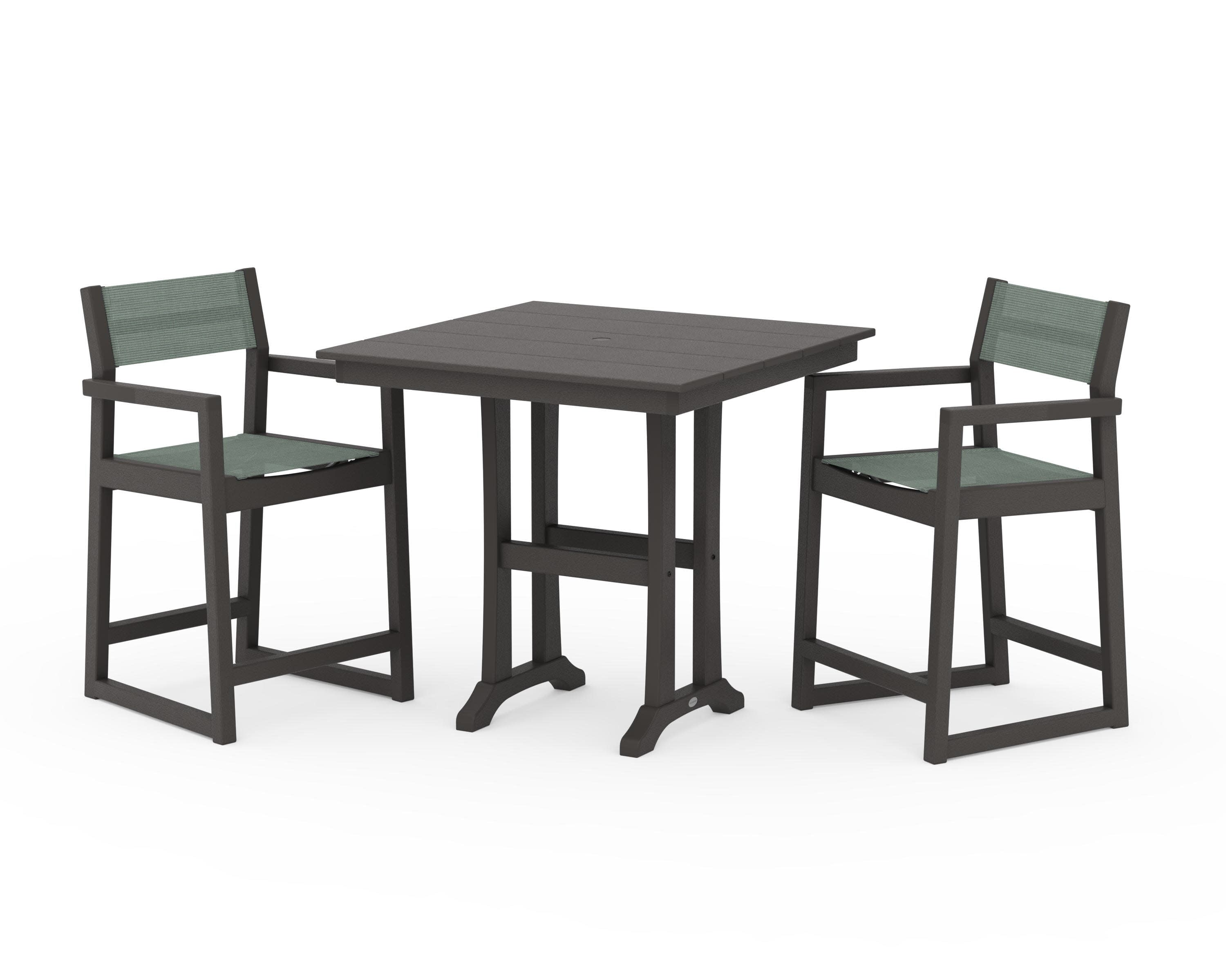 EDGE Sling Arm Chair 3-Piece Farmhouse Counter Set with Trestle Legs in Vintage Coffee / Dupioni Sea Mist Sling