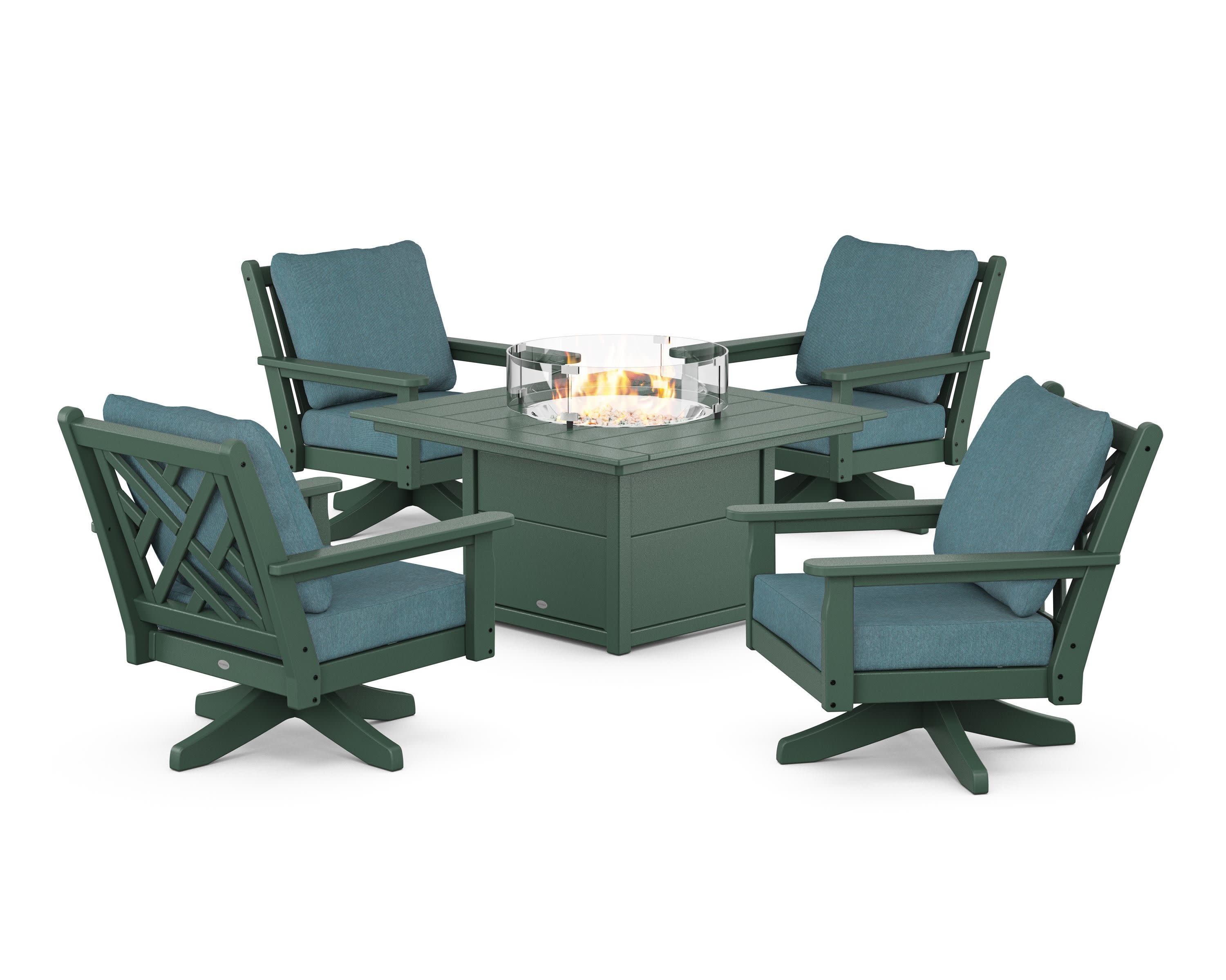 Chippendale 5-Piece Deep Seating Swivel Conversation Set with Fire Pit Table in Green / Ocean Teal