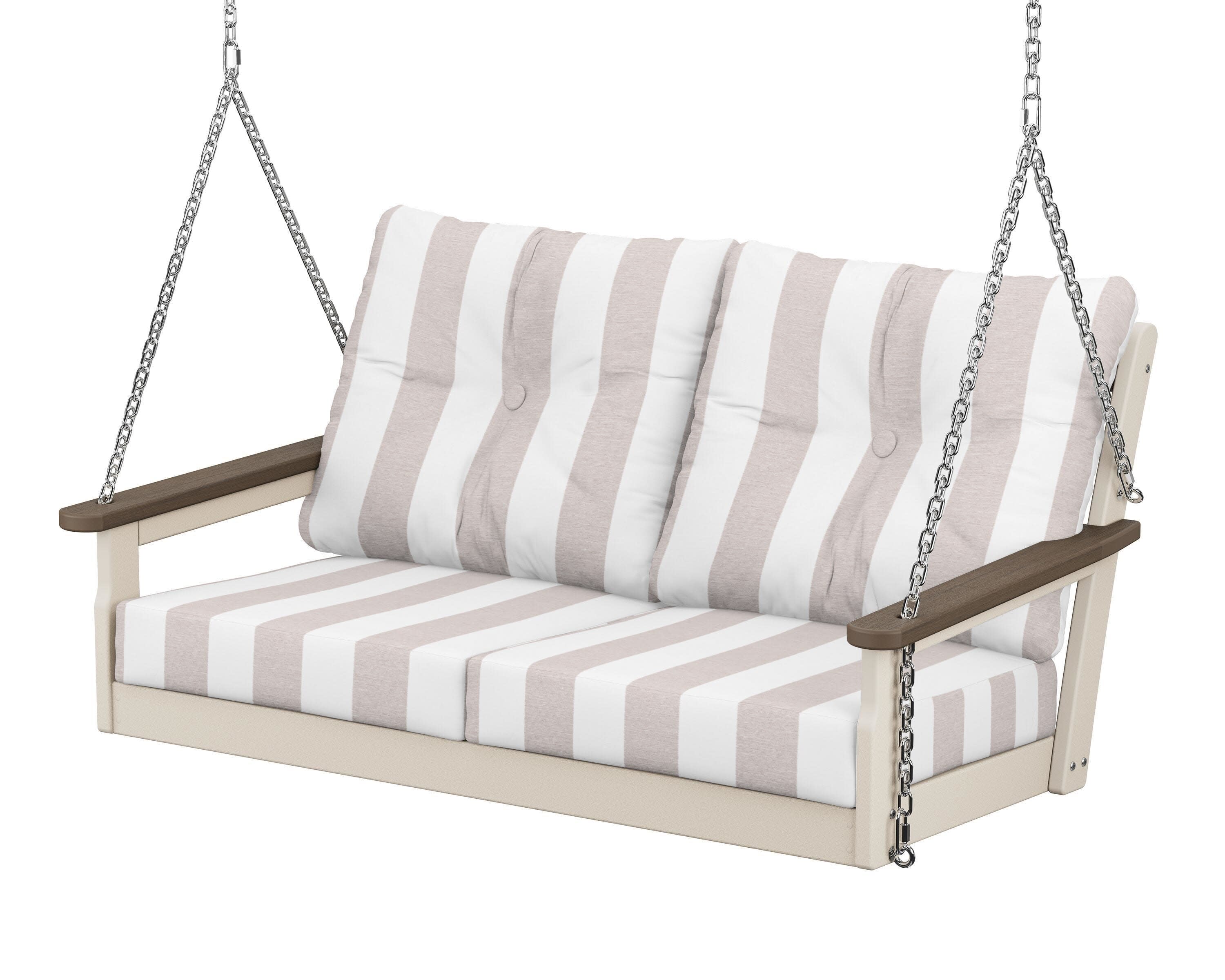 Vineyard Deep Seating Swing in Sand / Kona / Cabana Stripe Dune Burlap
