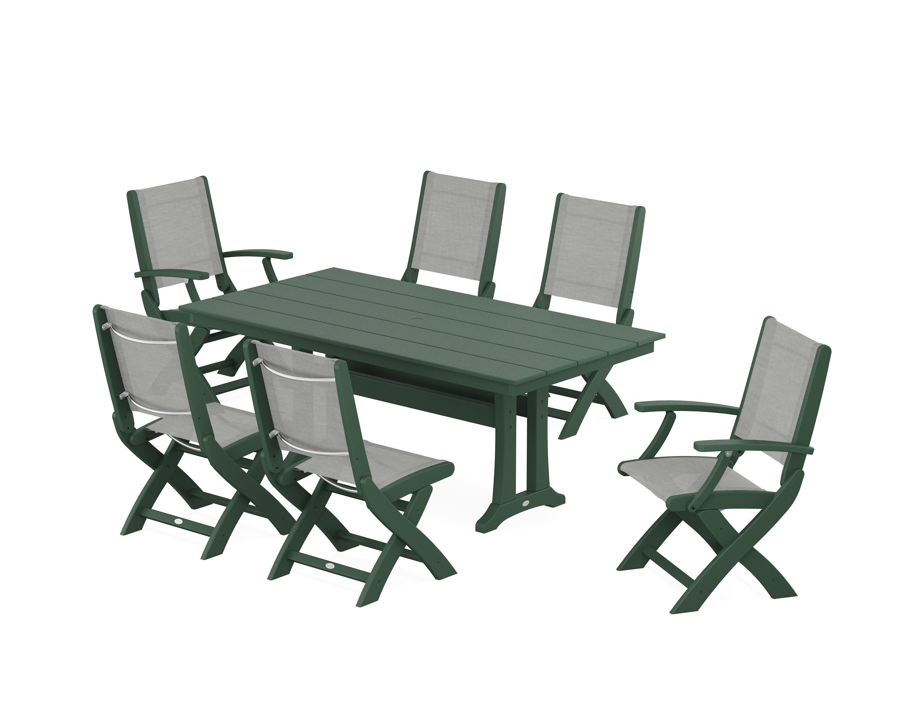 Coastal Folding Chair 7-Piece Farmhouse Dining Set with Trestle Legs in Green / Metallic Sling