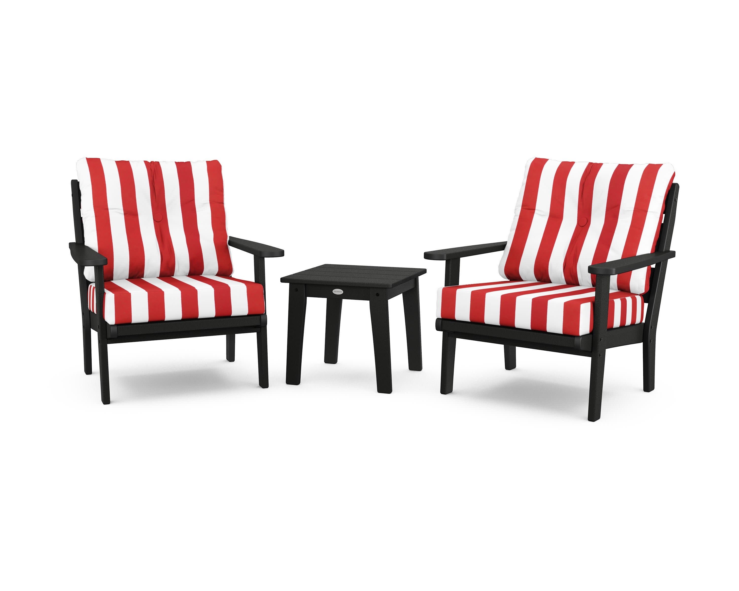 Lakeside 3-Piece Deep Seating Chair Set in Black / Cabana Stripe Crimson