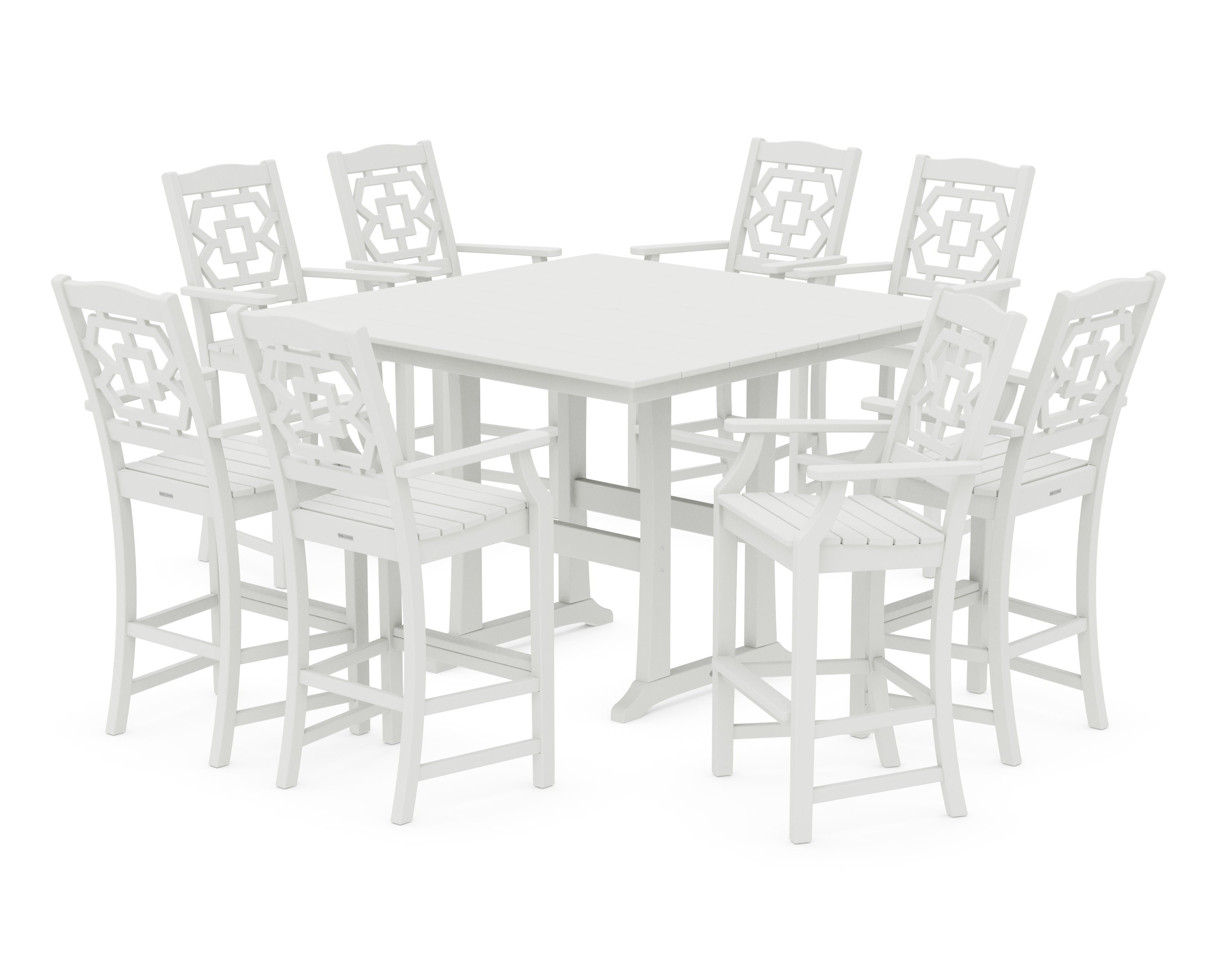 Chinoiserie 9-Piece Square Farmhouse Side Chair Bar Set with Trestle Legs in Vintage White