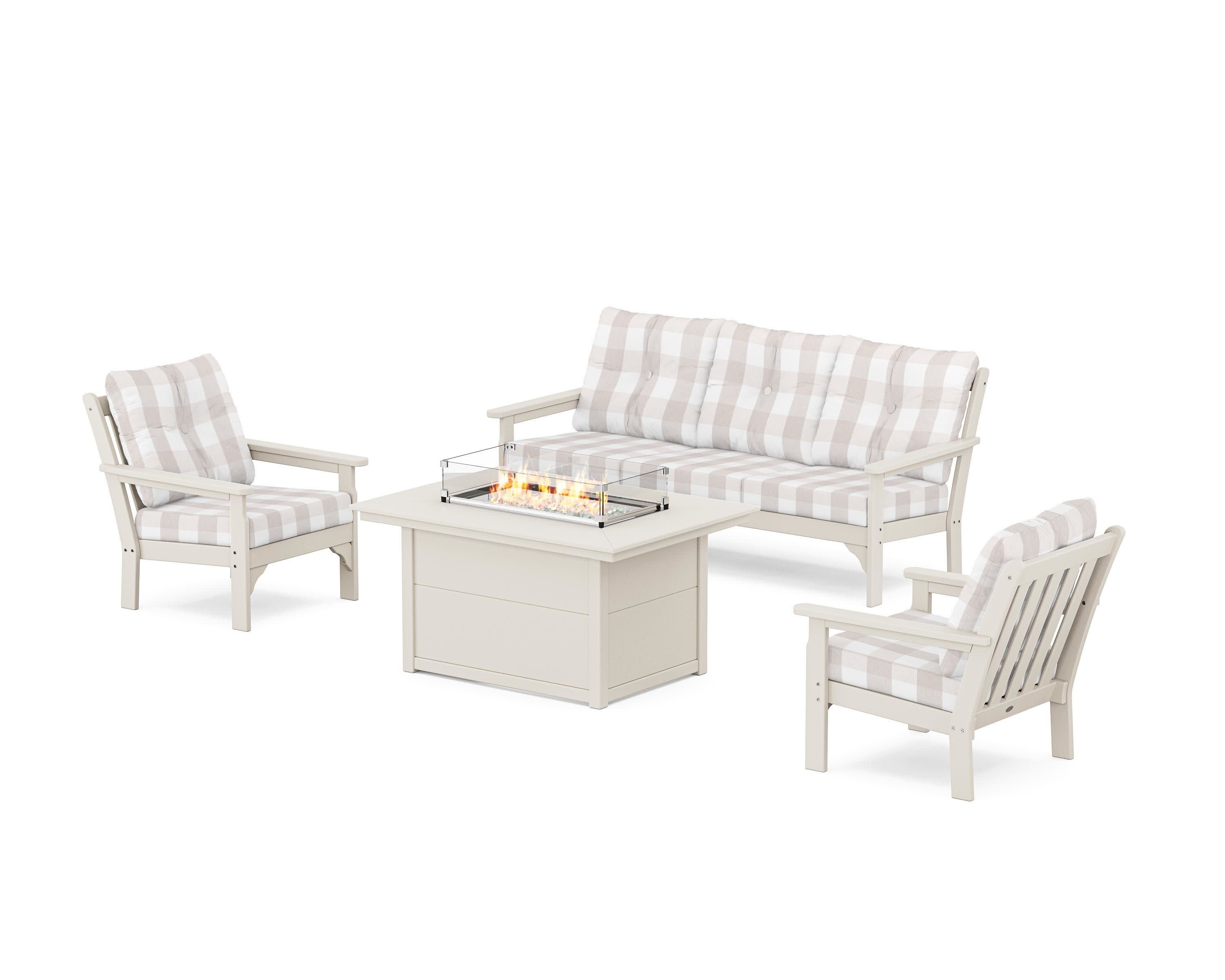 Vineyard Deep Seating Fire Pit Table Set in Sand / Buffalo Plaid Dune Burlap