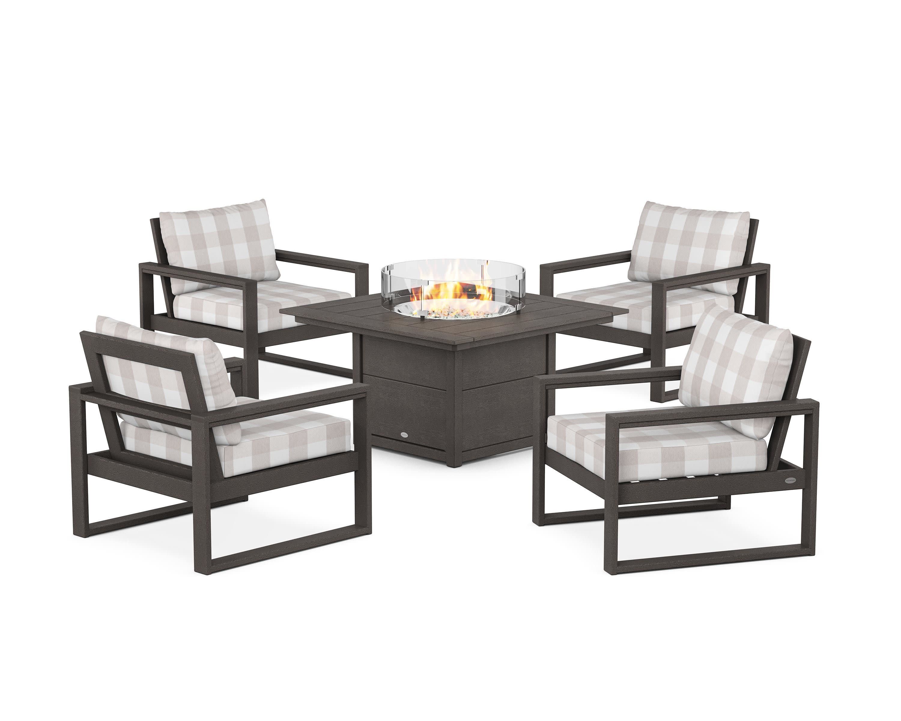 EDGE Sectional 5-Piece Deep Seating Set with Fire Pit Table in Vintage Coffee / Buffalo Plaid Dune Burlap