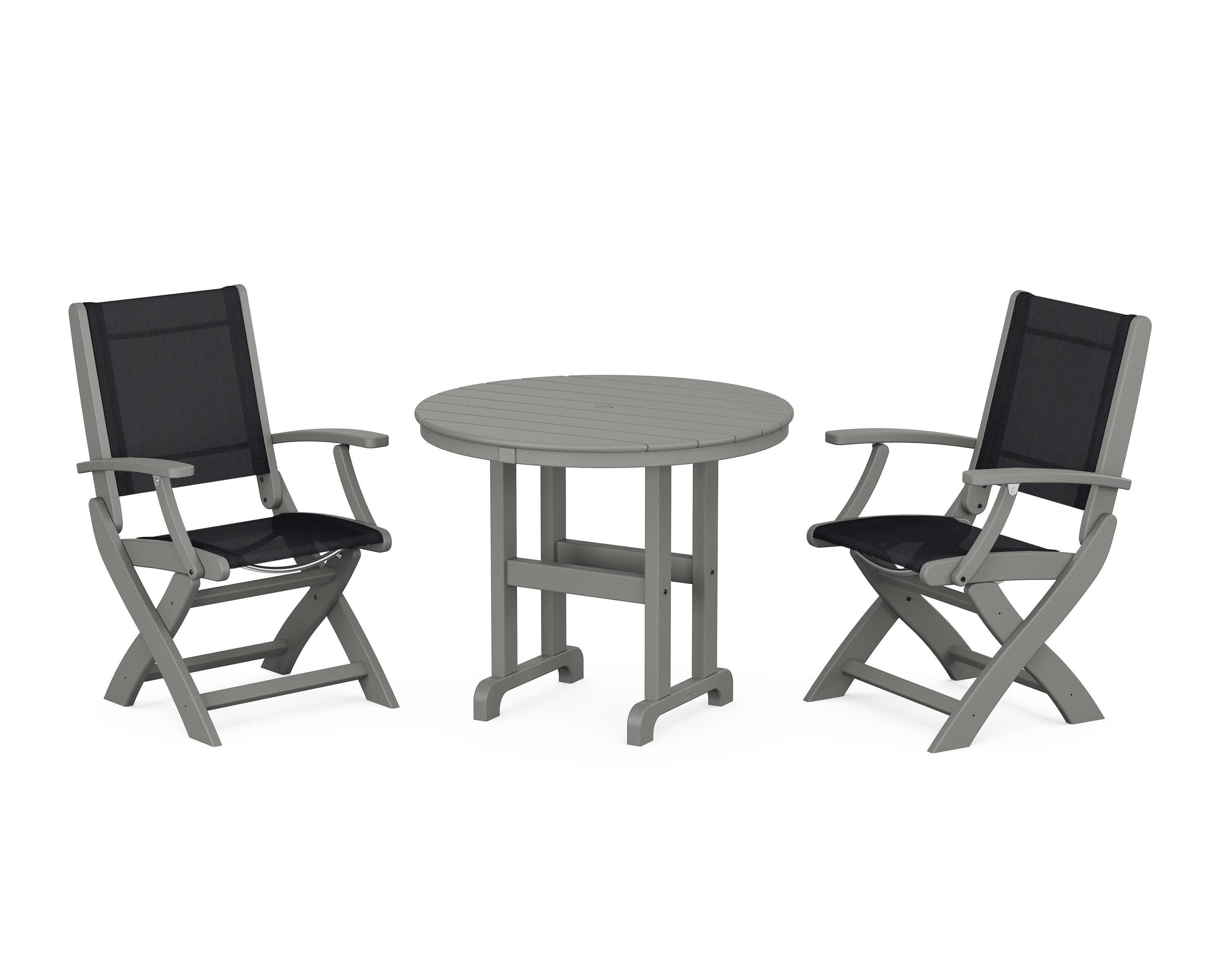 Coastal Folding Chair 3-Piece Round Dining Set in Slate Grey / Black Sling