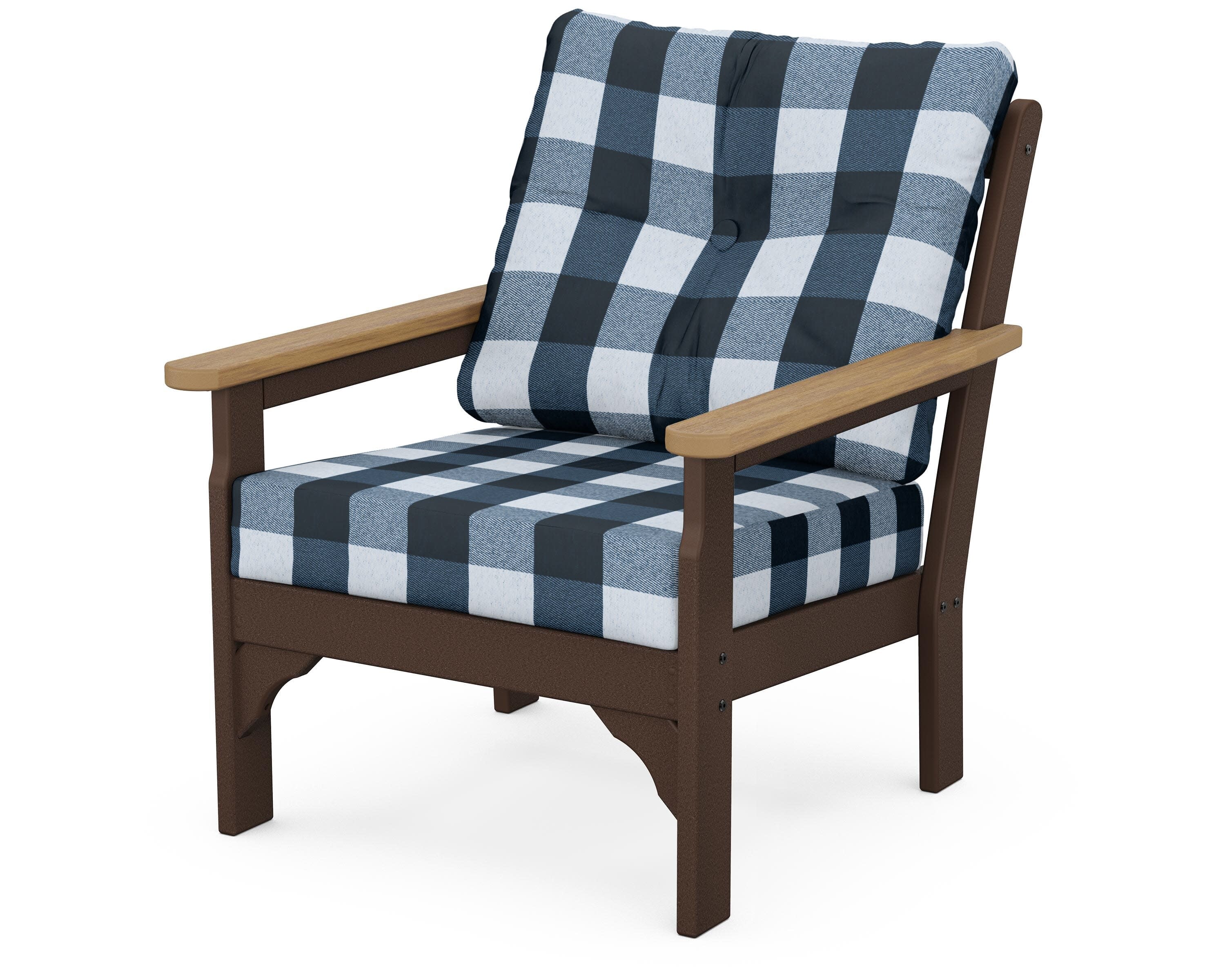 Vineyard Deep Seating Chair in Mahogany / Natural / Buffalo Plaid Marine Indigo