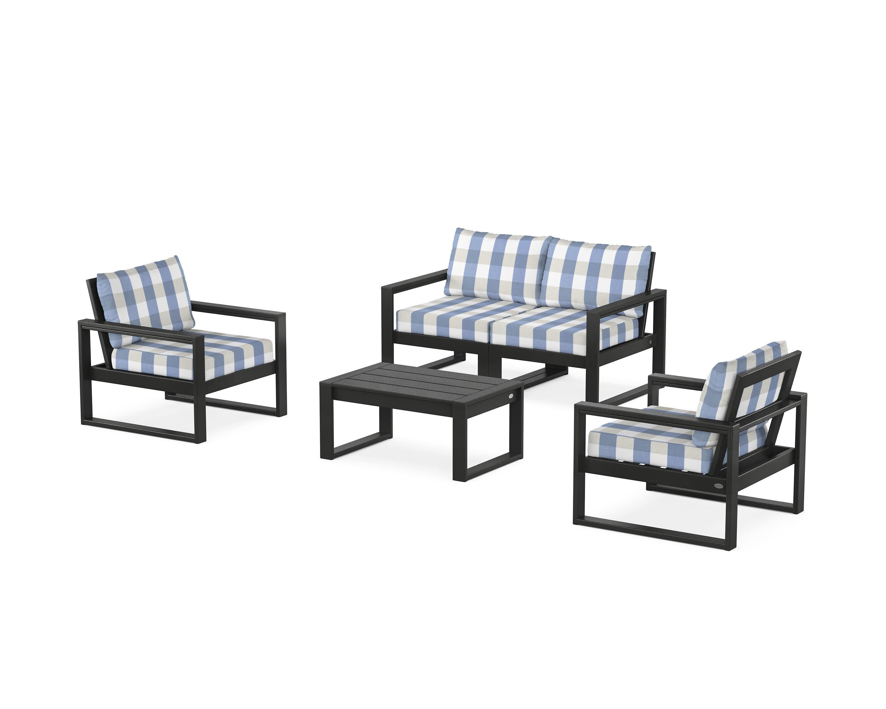 EDGE Sectional 4-Piece Deep Seating Set with Loveseat in Black / Buffalo Plaid Sky Blue