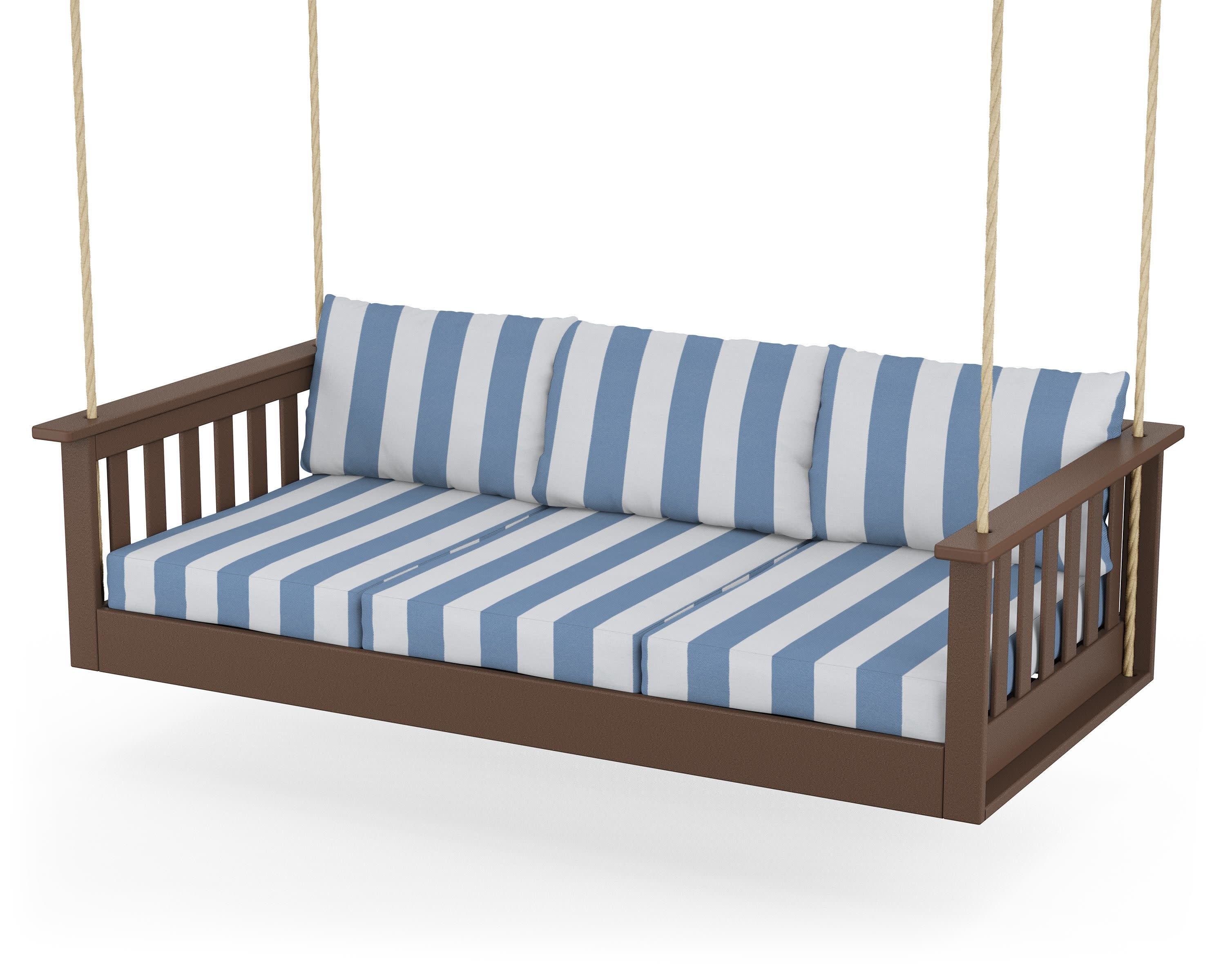 Vineyard Daybed Swing in Mahogany / Cabana Stripe Sky Blue