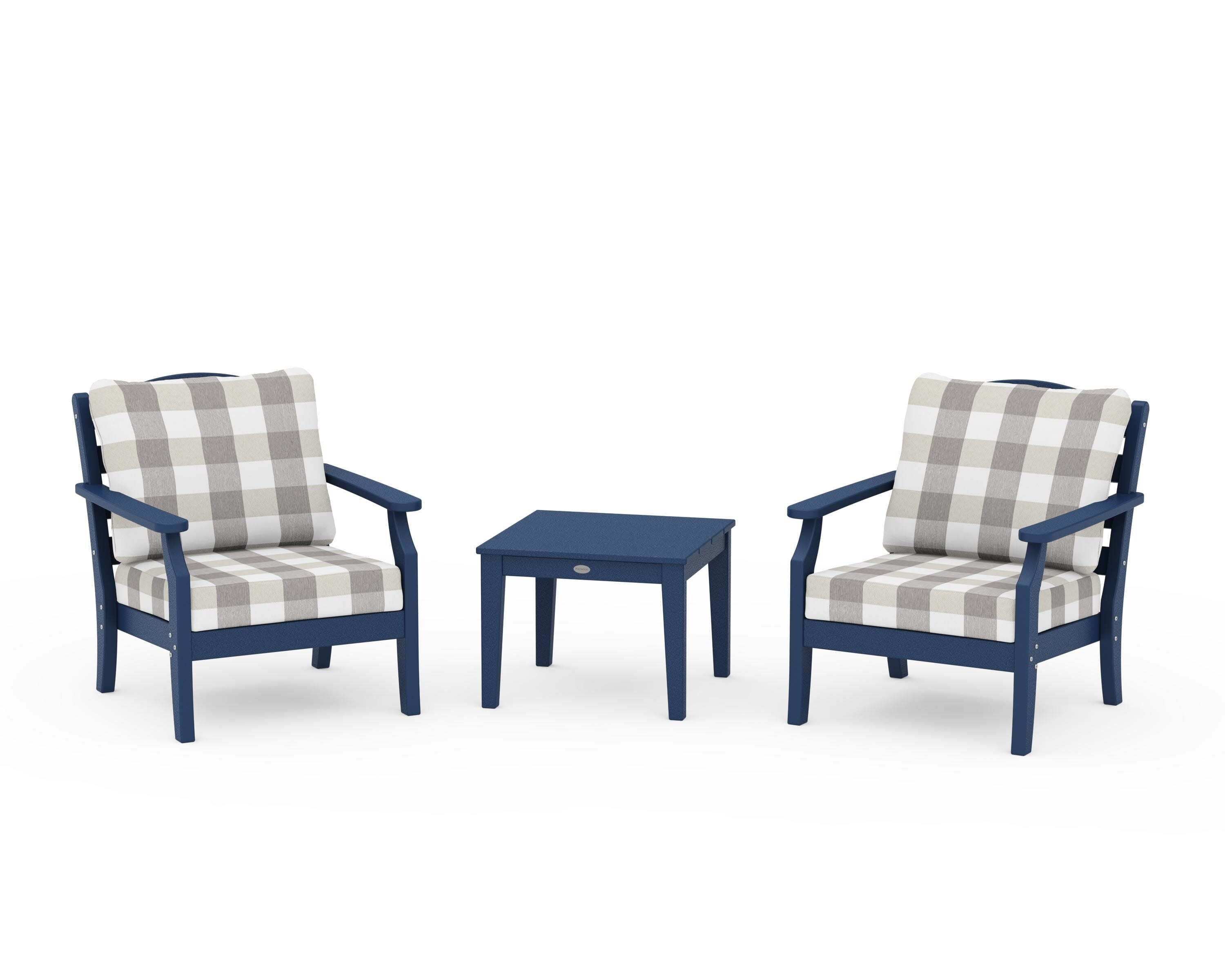Savannah 3-Piece Deep Seating Set in Navy / Buffalo Plaid Grey Mist
