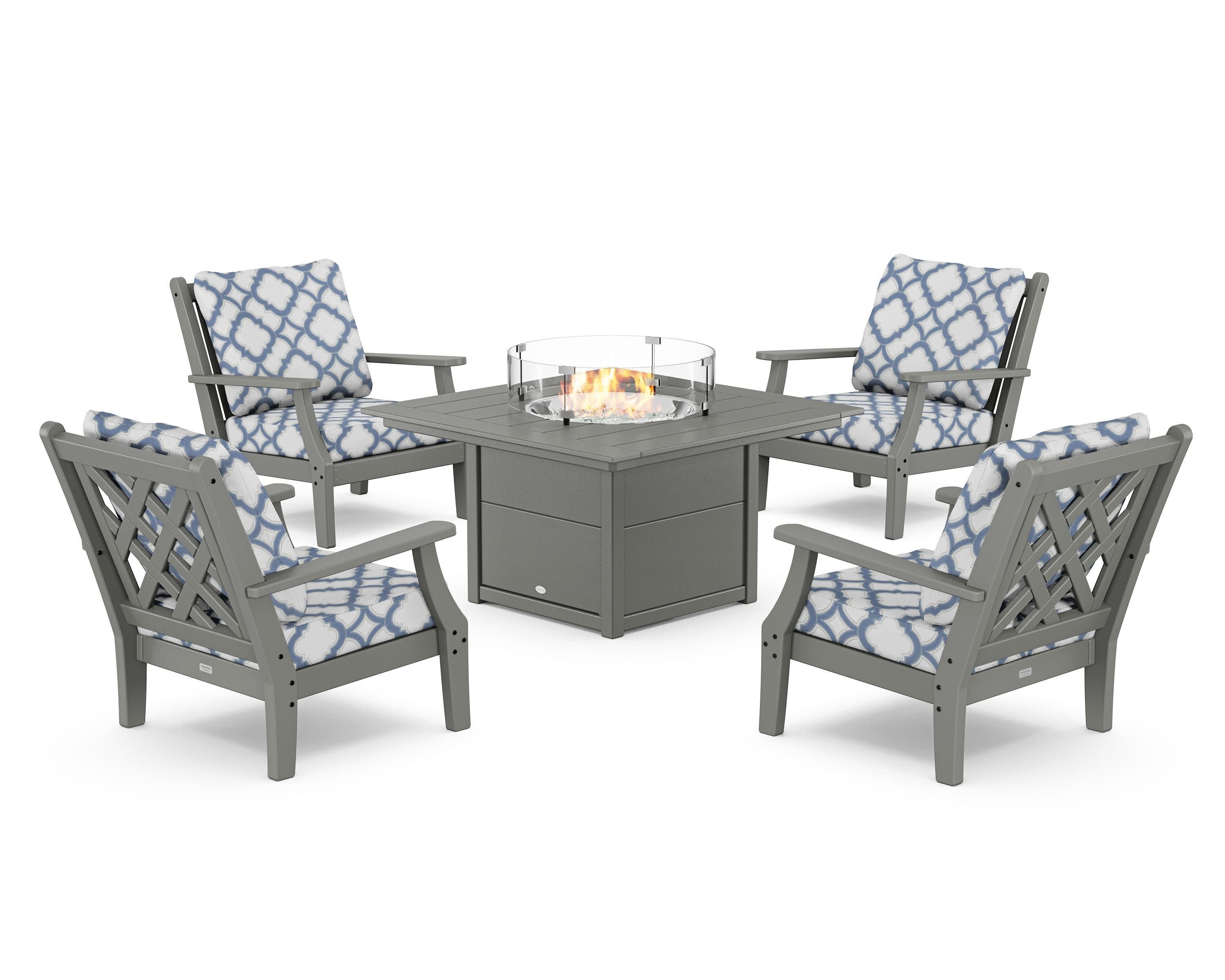 Wovendale 5-Piece Deep Seating Set with Fire Pit Table in Slate Grey / Trellis Sky Blue