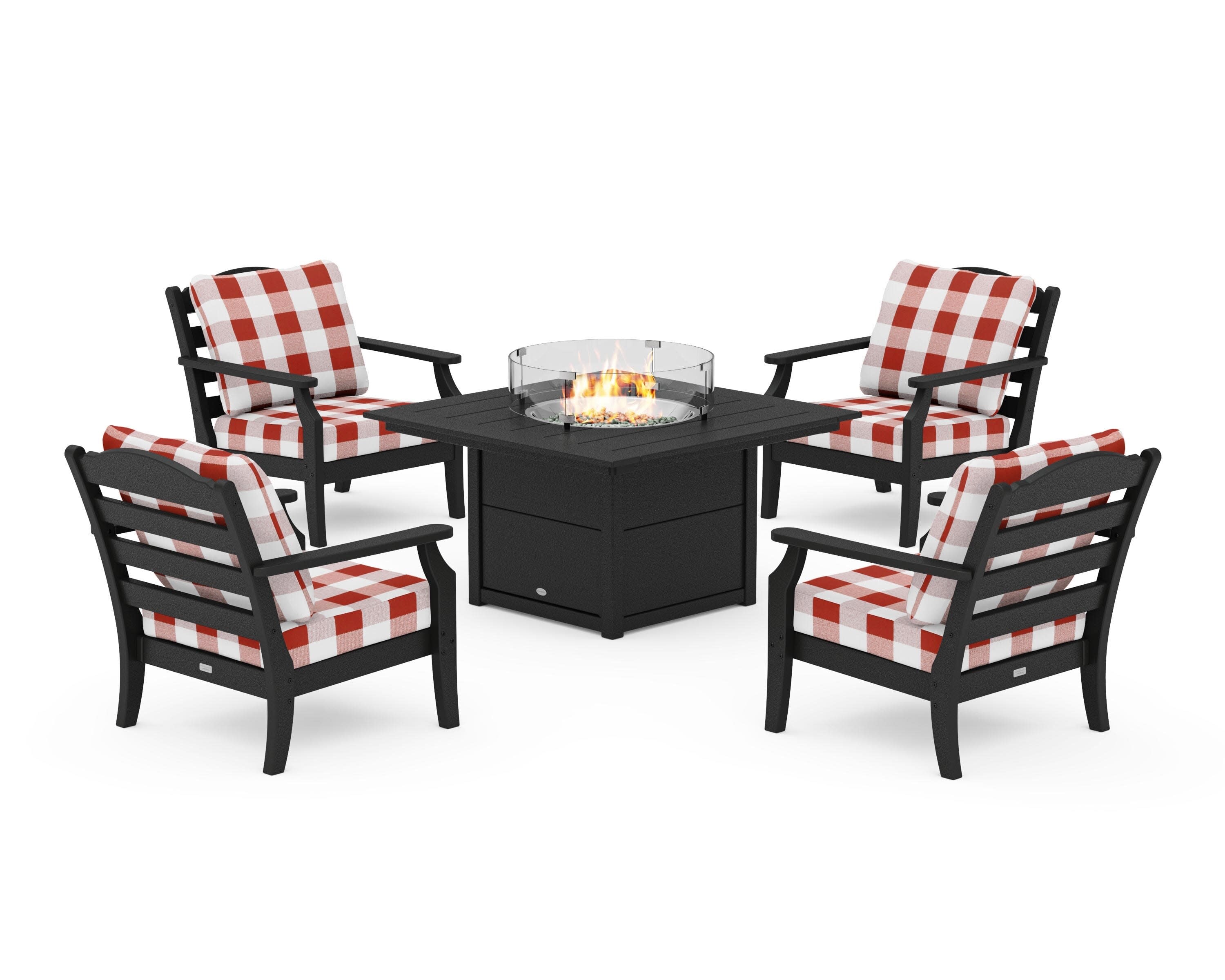 Savannah 5-Piece Deep Seating Set with Fire Pit Table in Black / Buffalo Plaid Crimson