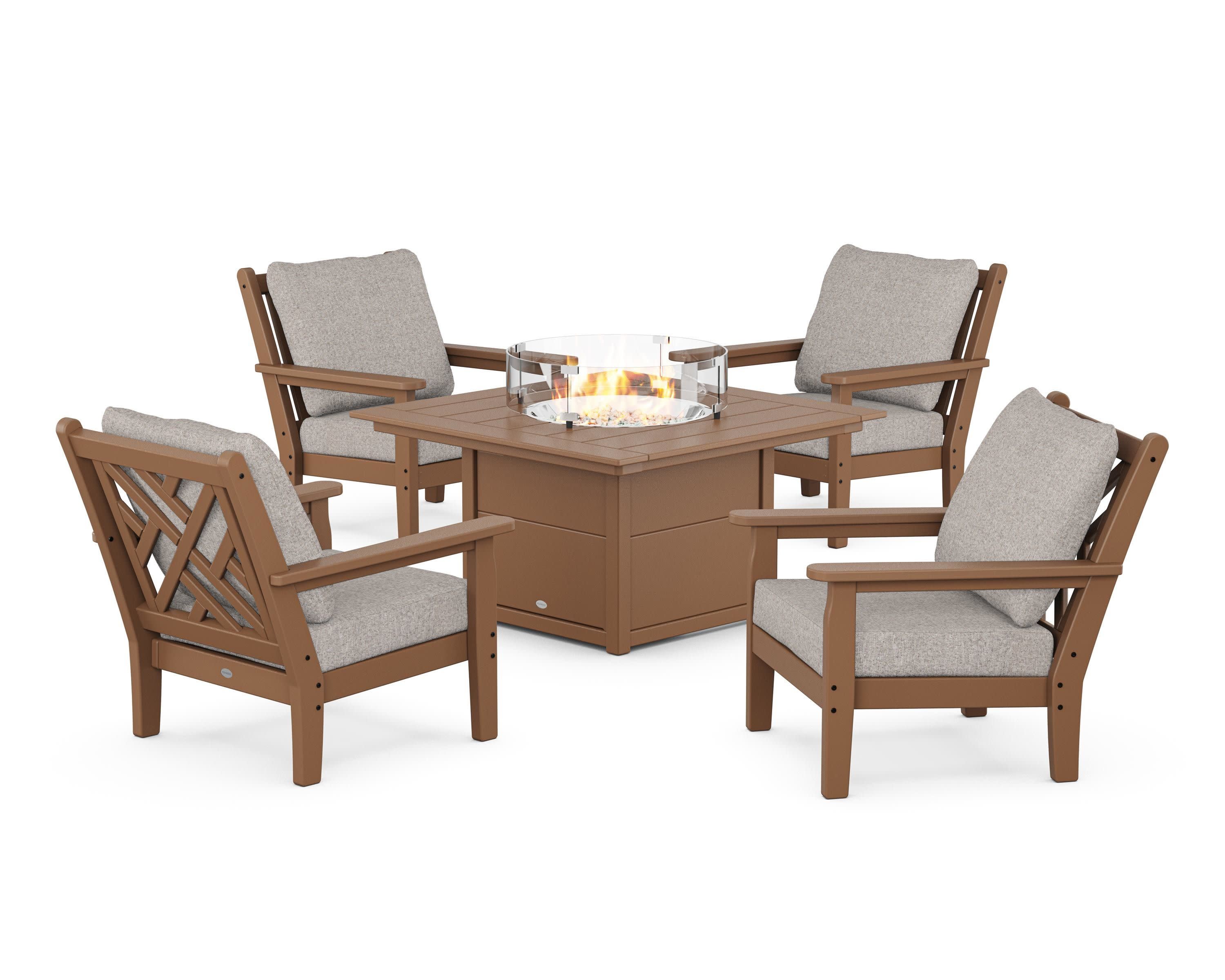 Chippendale 5-Piece Deep Seating Set with Fire Pit Table in Teak / Weathered Tweed