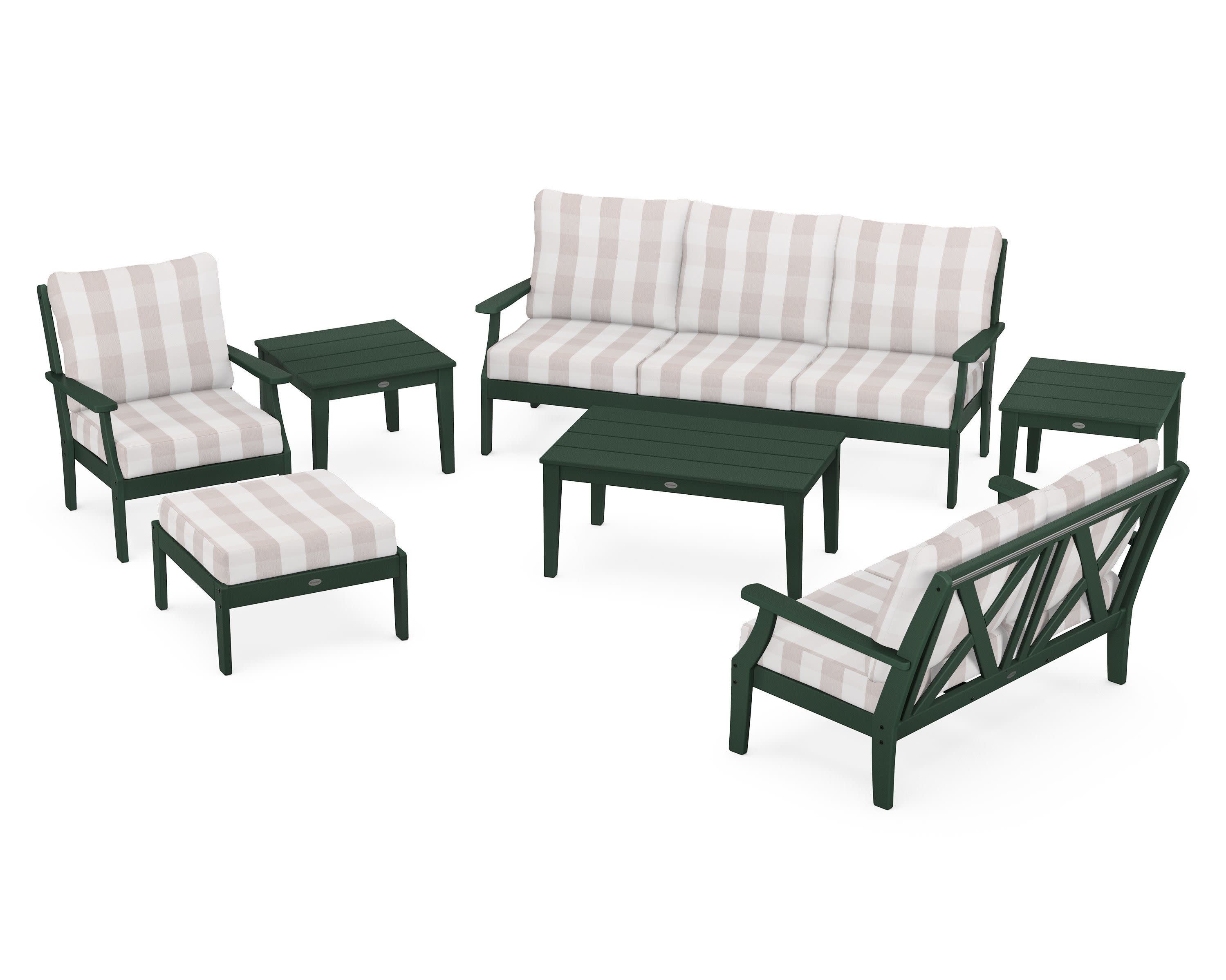 Braxton 7-Piece Deep Seating Set in Green / Buffalo Plaid Dune Burlap
