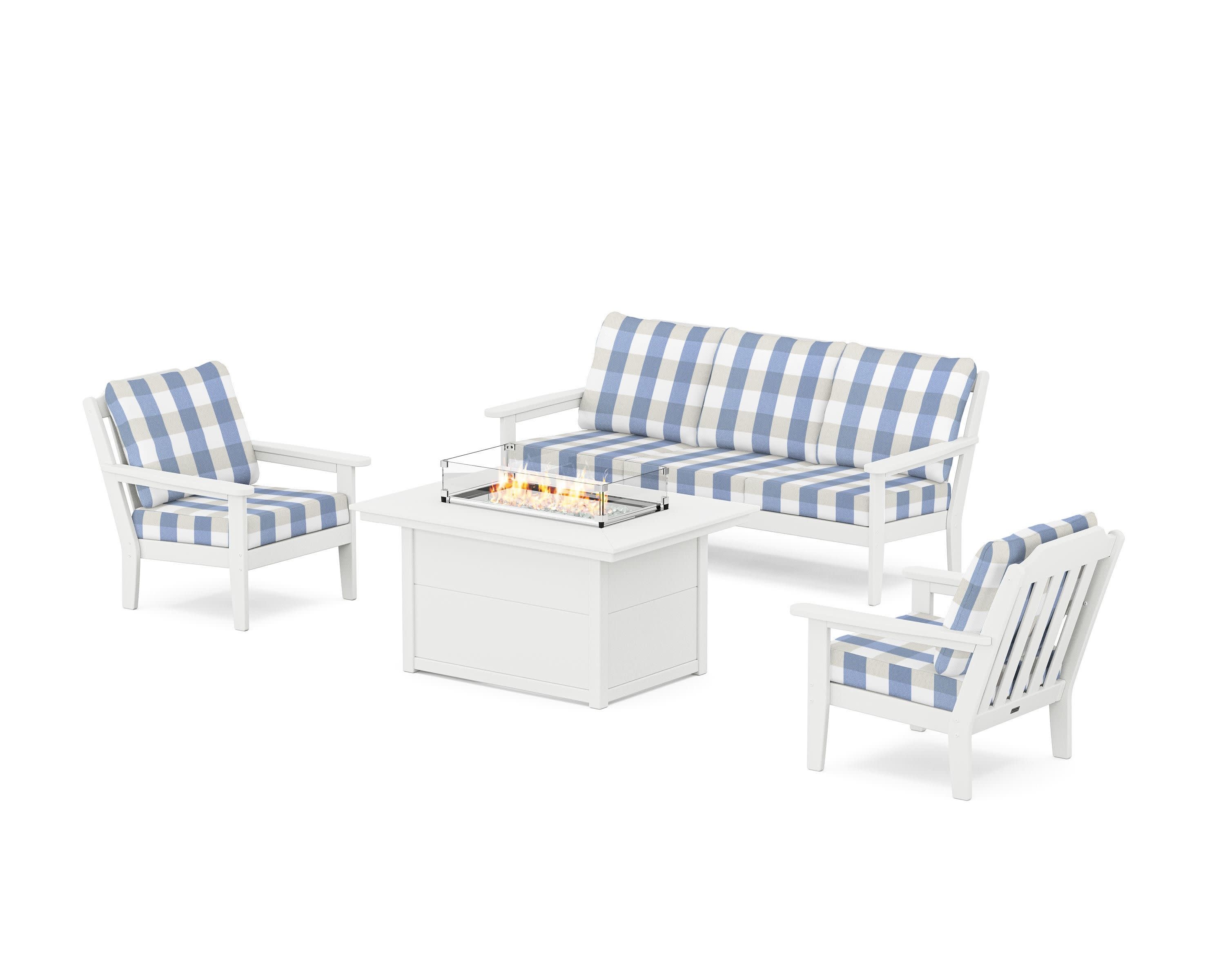 Cottage Deep Seating Fire Pit Table Set in White / Buffalo Plaid Sky Blue