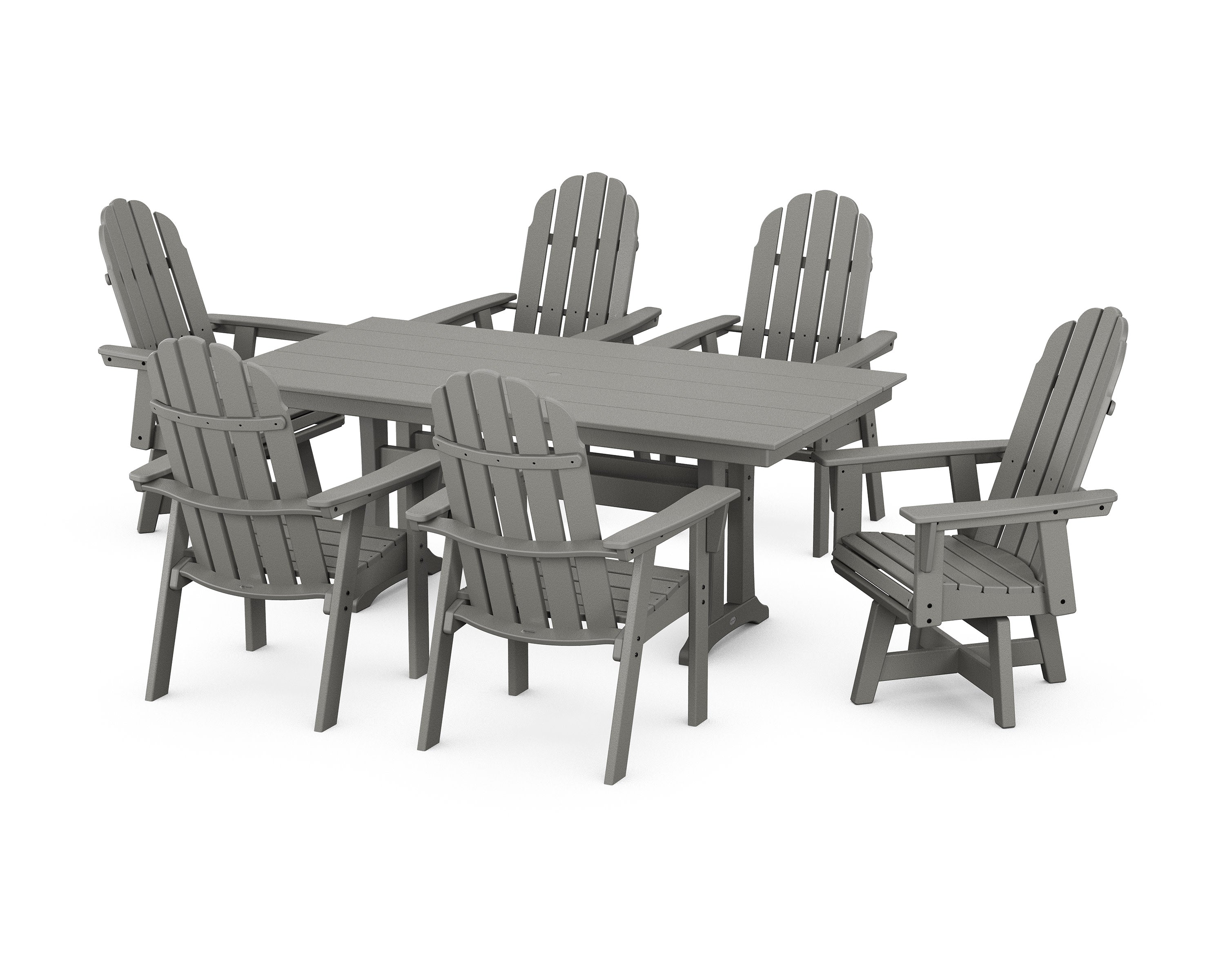 Vineyard Curveback Adirondack Swivel Chair 7-Piece Farmhouse Dining Set with Trestle Legs in Slate Grey
