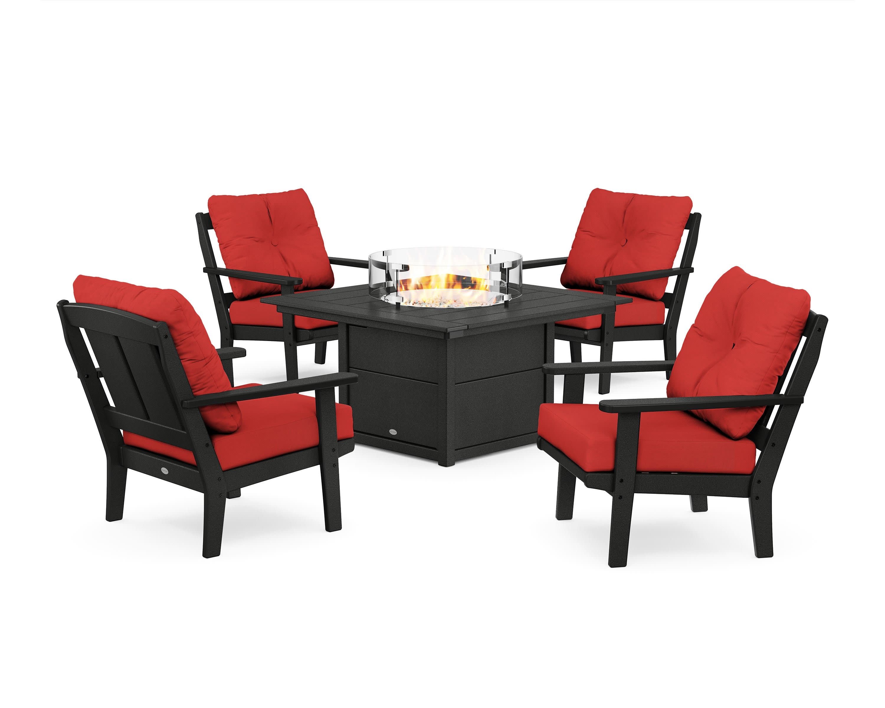 Mission 5-Piece Deep Seating Set with Fire Pit Table in Black / Crimson Linen