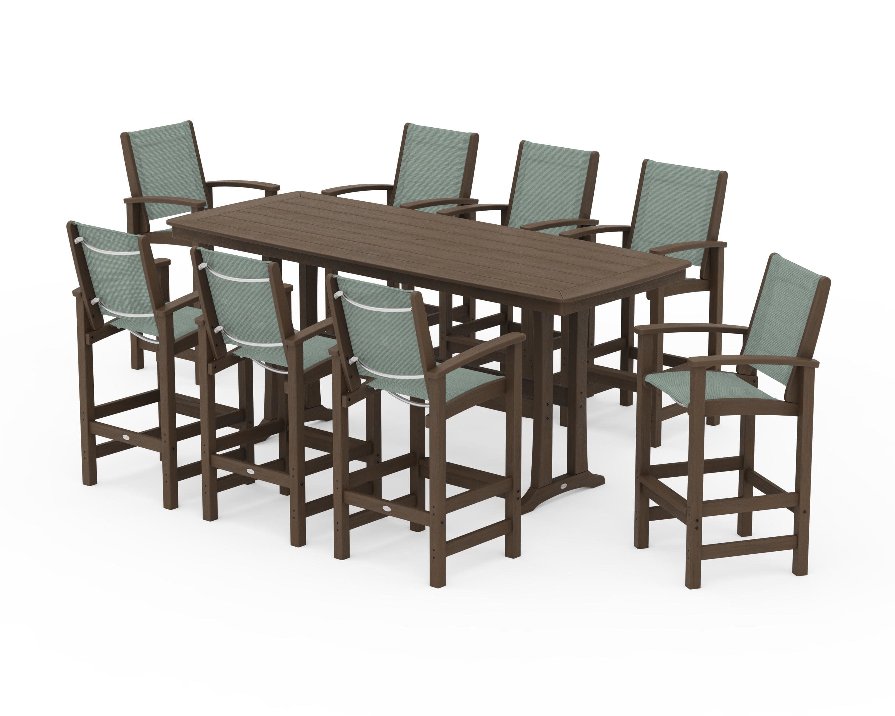 Coastal 9-Piece Bar Set with Trestle Legs in Kona / Dupioni Sea Mist Sling