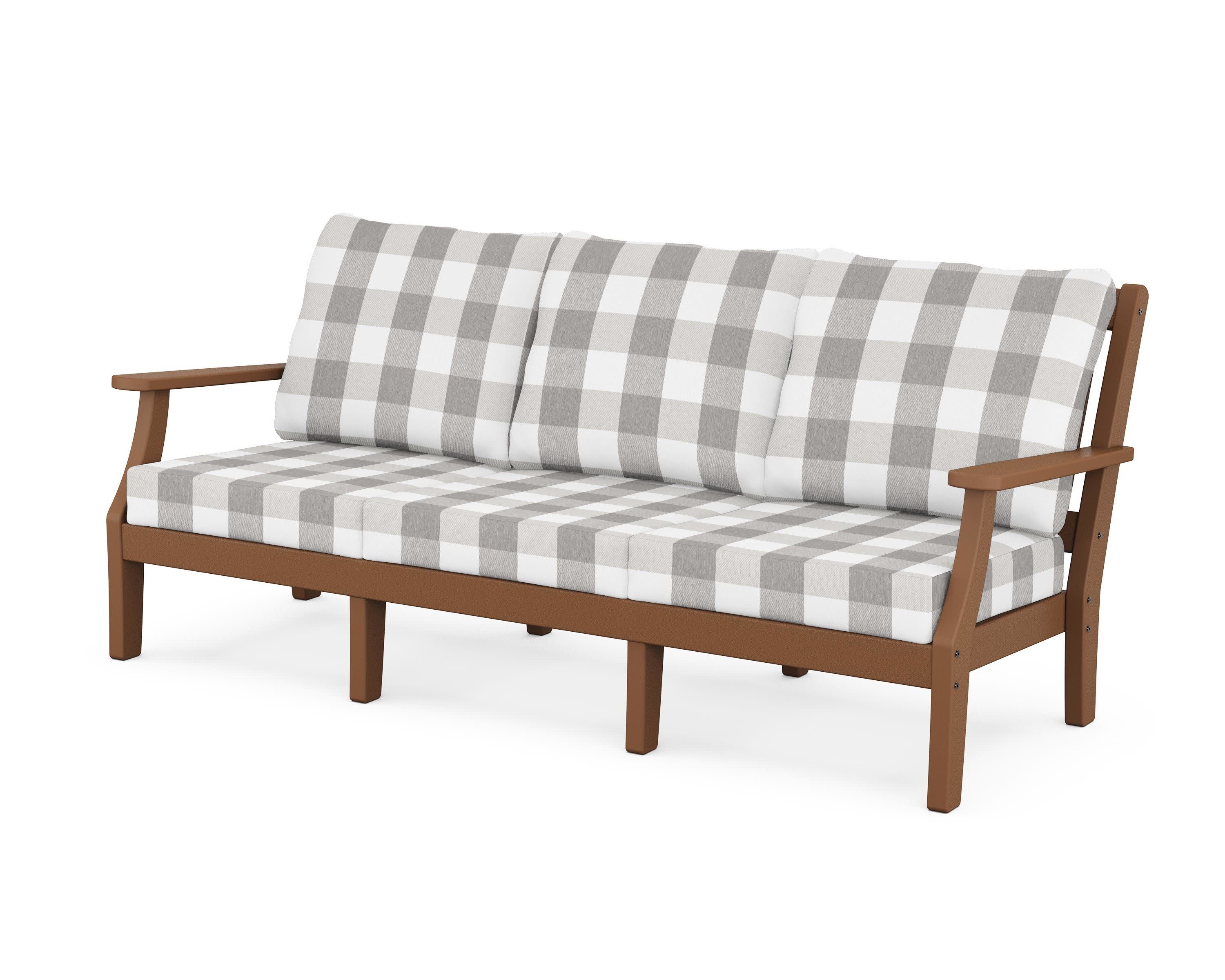 Chinoiserie Deep Seating Sofa in Teak / Buffalo Plaid Grey Mist