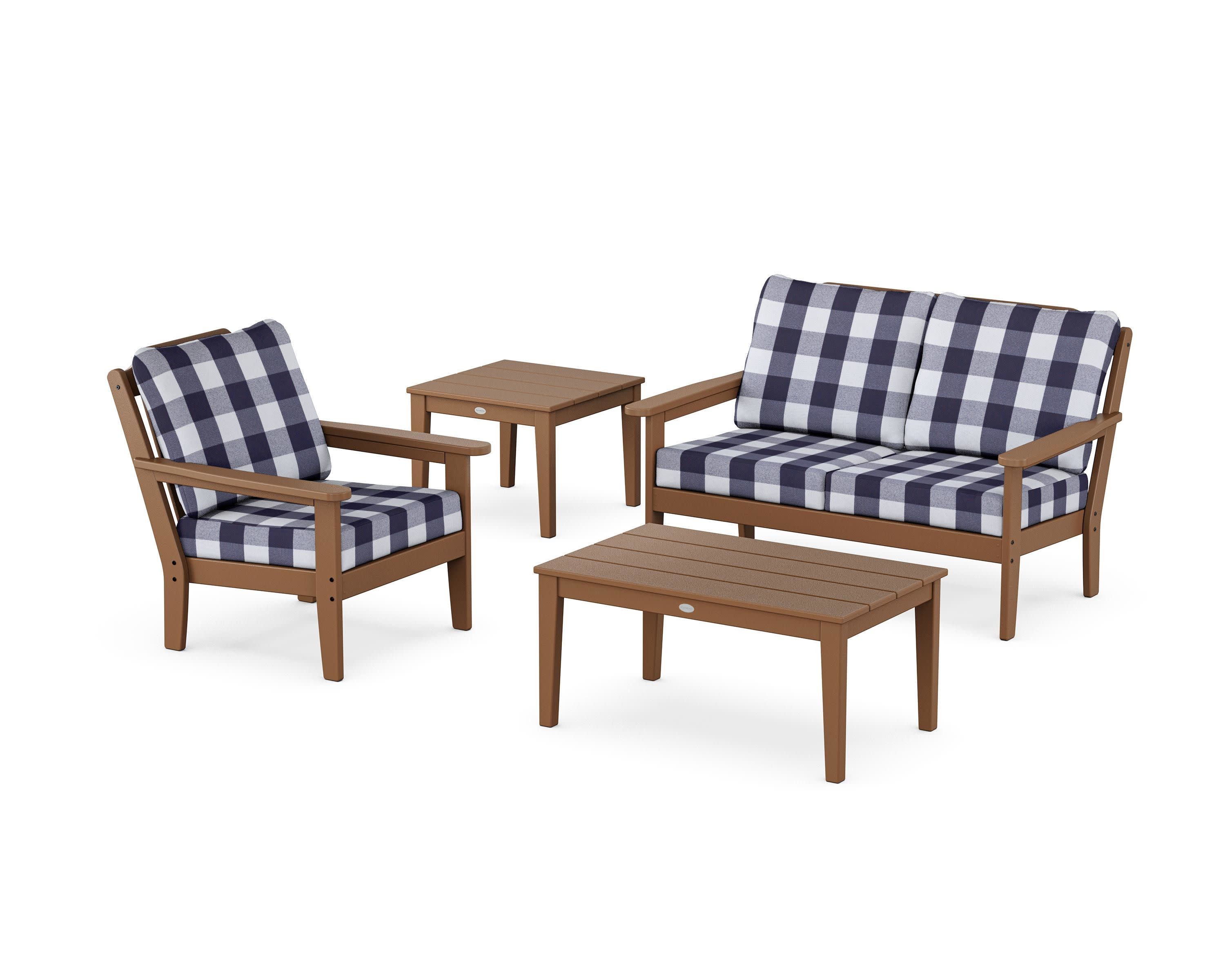 Wovendale 4-Piece Deep Seating Set in Teak / Buffalo Plaid Navy
