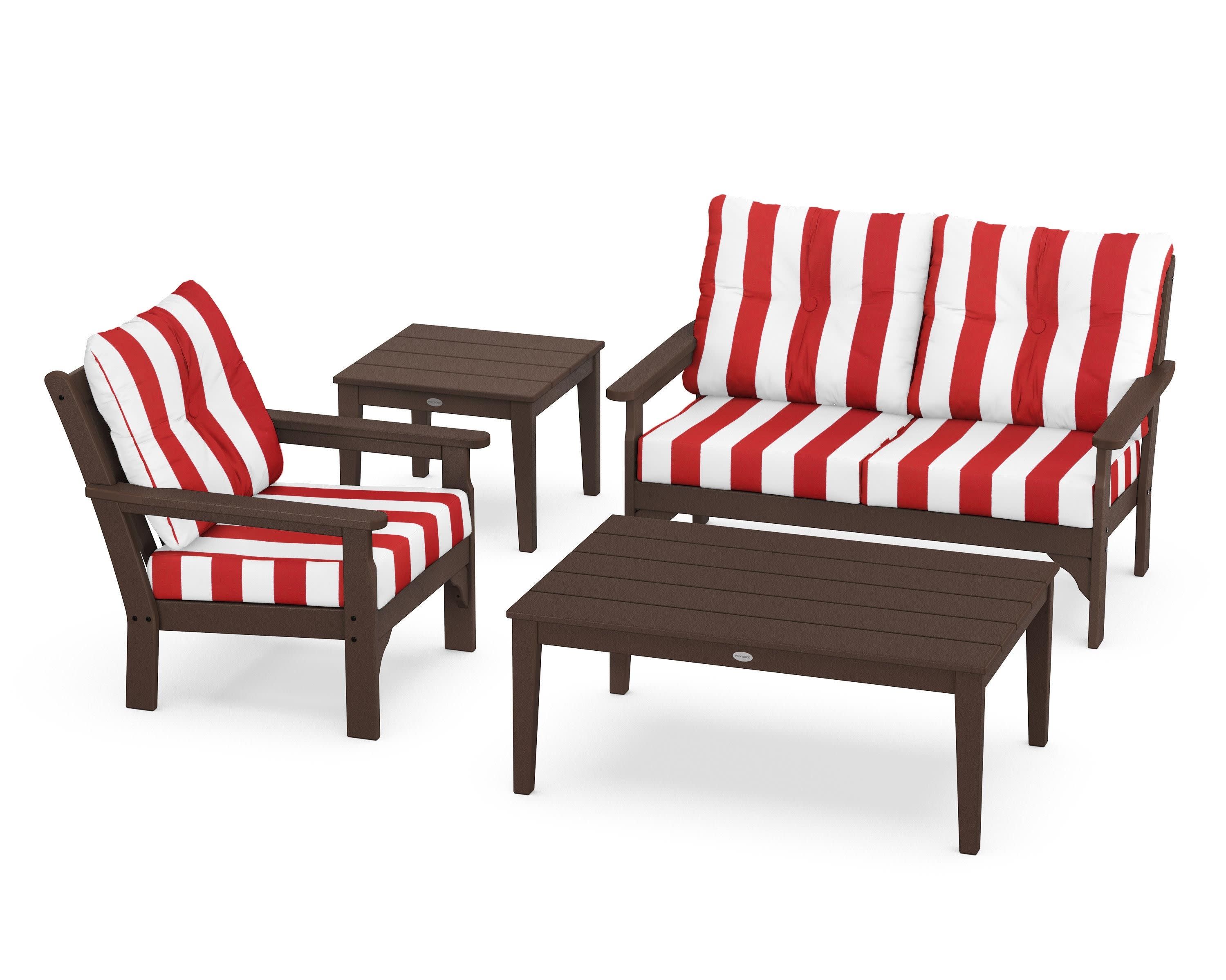 Vineyard 4-Piece Deep Seating Set in Mahogany / Cabana Stripe Crimson
