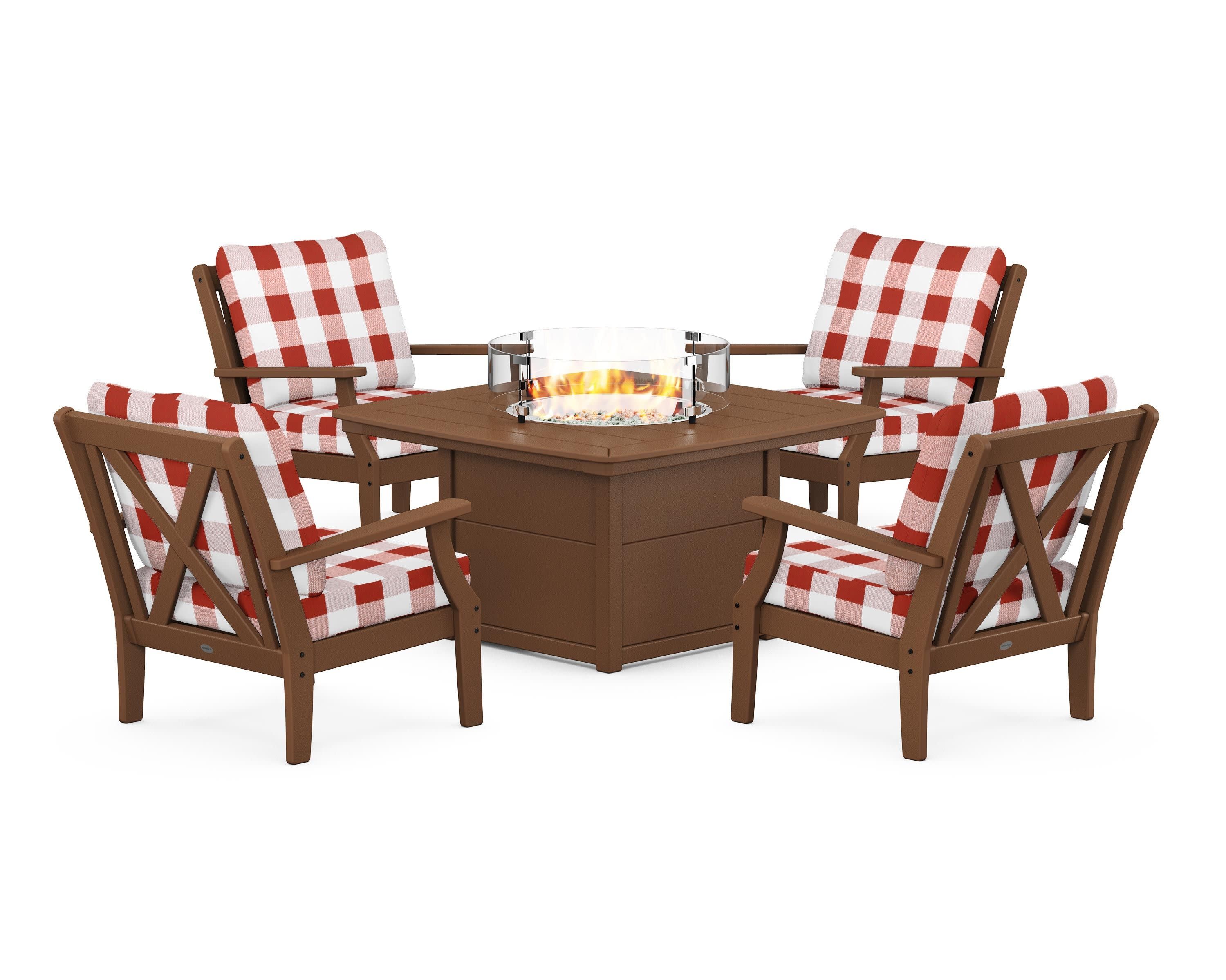Braxton 5-Piece Deep Seating Conversation Set with Fire Pit Table in Teak / Buffalo Plaid Crimson