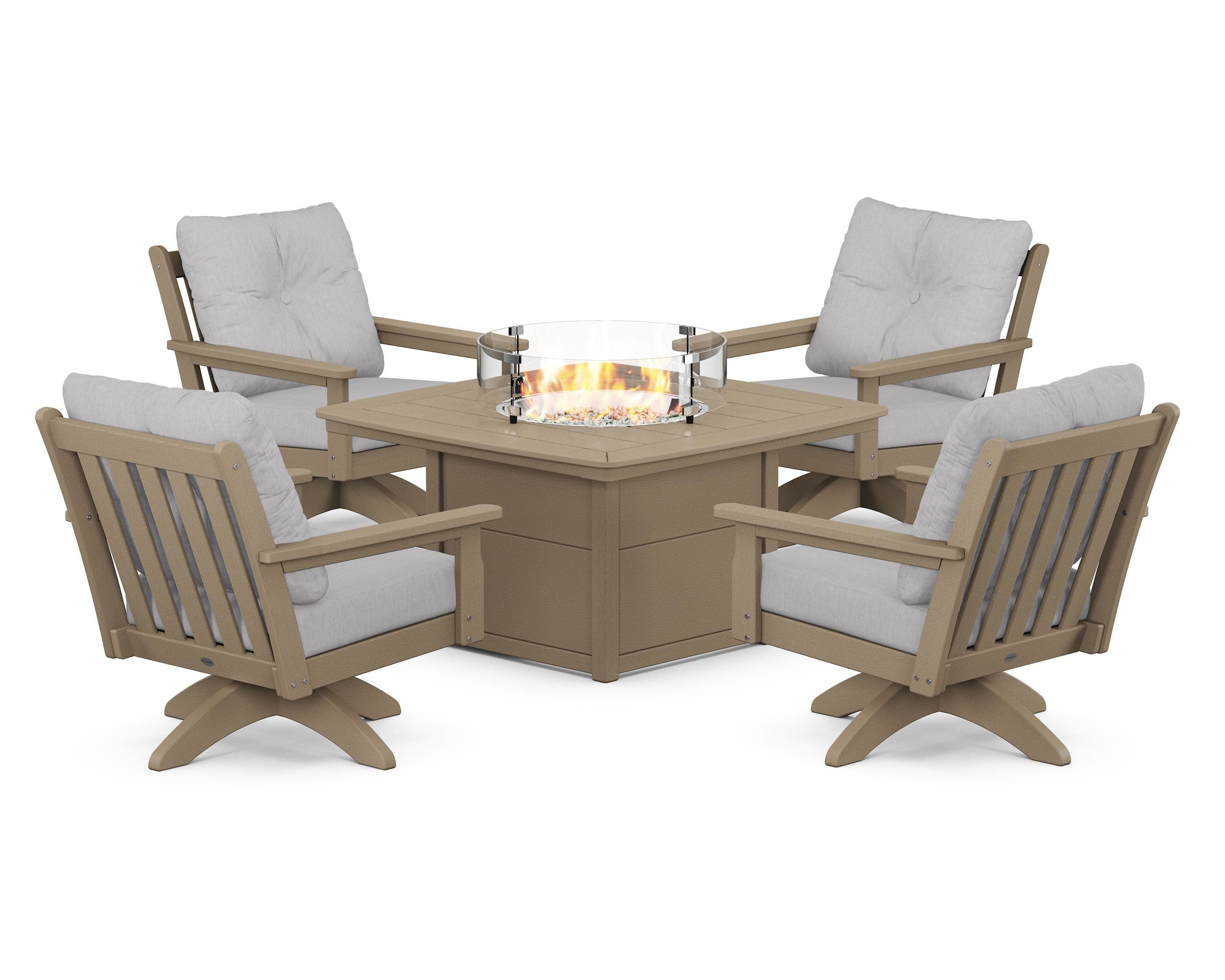 Vineyard 5-Piece Deep Seating Swivel Conversation Set with Fire Pit Table in Vintage Sahara / Granite