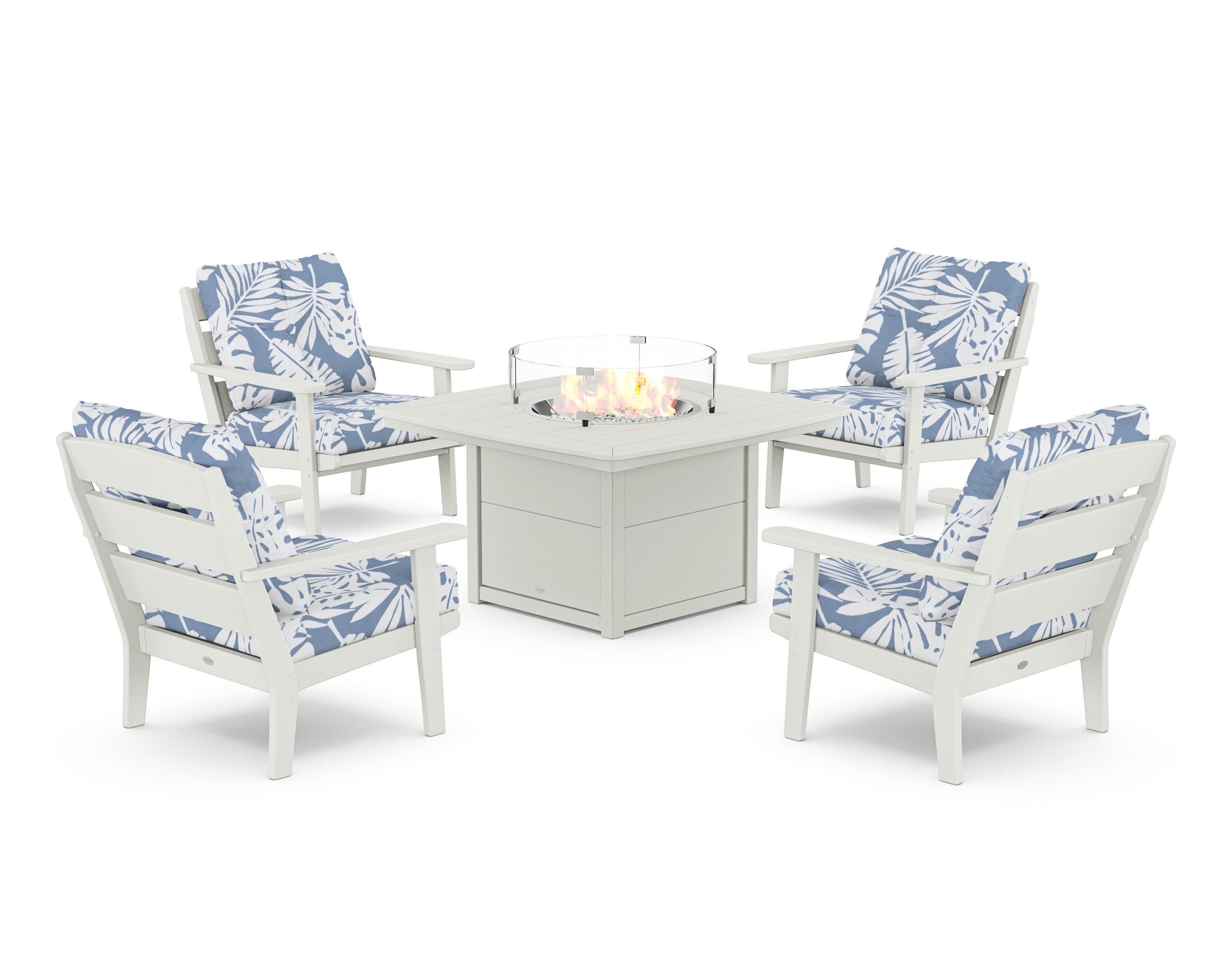 Lakeside 5-Piece Deep Seating Set with Nautical Fire Pit Table in Vintage White / Leaf Sky Blue