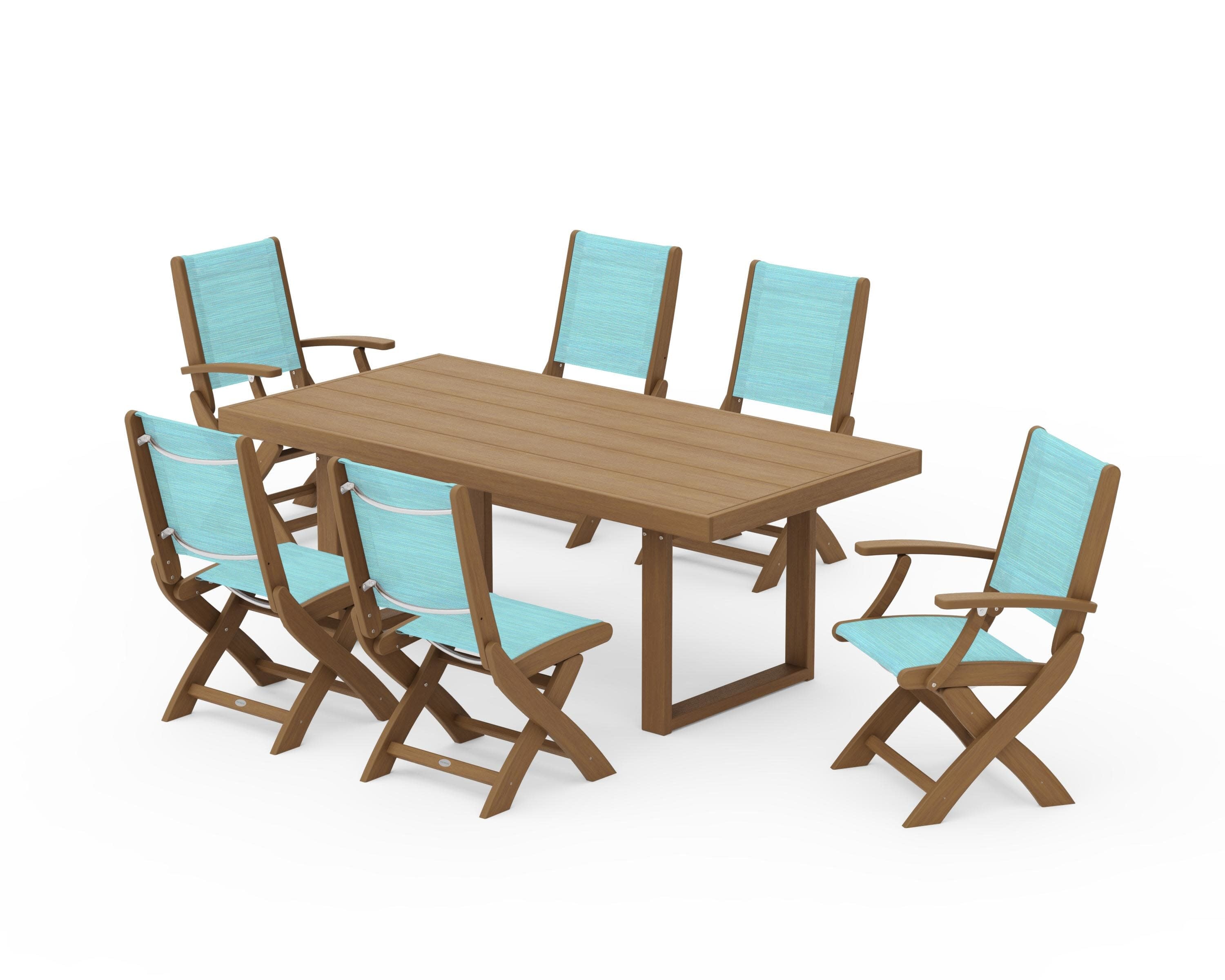 Coastal Folding Chair 7-Piece Dining Set with Trestle Legs in Natural / Dupioni Aquamarine Sling
